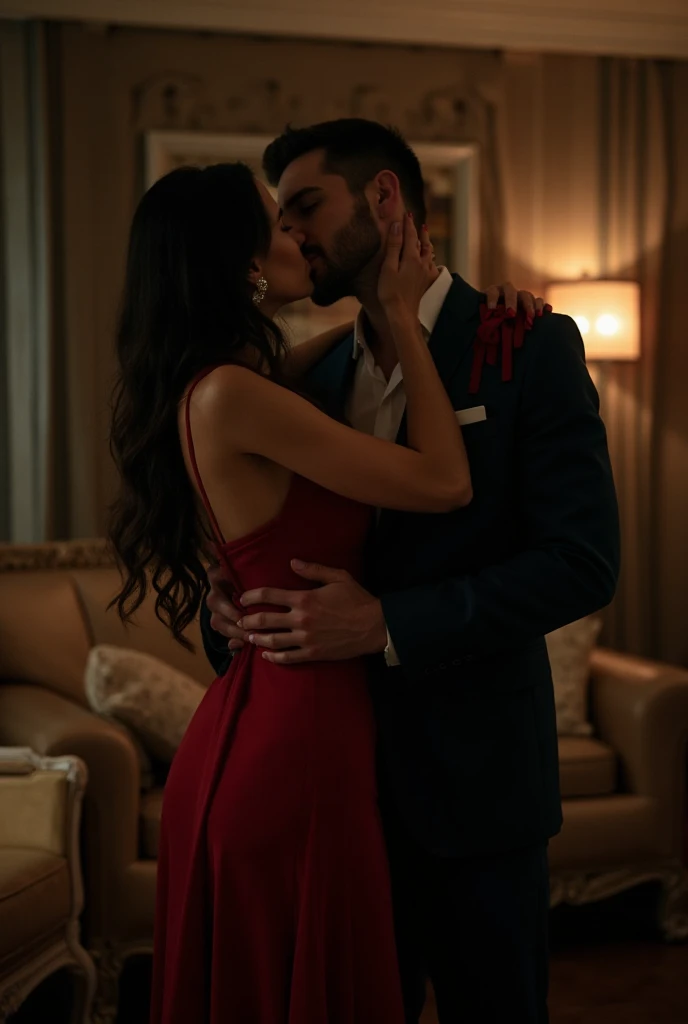 Woman in a red dress hugging a man in a black suit, romantic couple, billionaire romance, beautiful couple