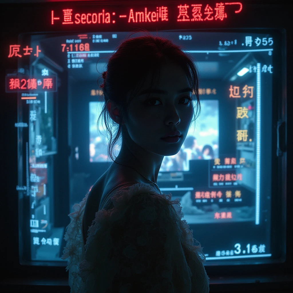 blurry, blurry_background, blurry_foreground, depth_of_field, motion_blur,
1girl, cyberpunk, solo, science fiction, city, neon lights, sitting, night, building, strapless, breasts, hologram, skyscraper, boots, long hair, cityscape, thighhighs, sky, black hair, scenery, white footwear
(glow, light pollution:1.5)(solo focus:1.7)  <lora:~Q?-[SZW^W:fo science cyber:0.7>