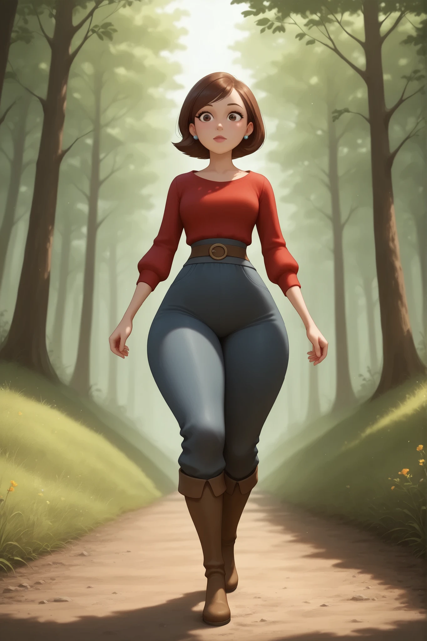 Helen Parr , mature female, medium hair, Bob_cut, brown hair, brown eyes, big eyes, long eyelashes, medium breasts, narrow waist, thick thighs, huge hips, fair skin, thin hands, earrings, makeup, pink lips, lipstick.| fins on the head, is dressed in light medieval pants and light medieval clothes and foot boots , walks along a path in the forest . A sun, gloomy forest , but the path and clearing are bathed in bright sunlight . rich bright colors , magic composition . The dust under your feet , illuminated by the warm sunlight giving long soft shadows . Old ivy fence off the road , driftwood and wildflowers along the road . masterpiece , Best quality , Ultra-detailed , Cinematic emotional static frame , 8K UHD , extremely detailed , physical visualization , HDR . Unrealistic image , fantasy genre , dramatic lighting . Highly detailed digital art style , (sfw:1 . 3) .