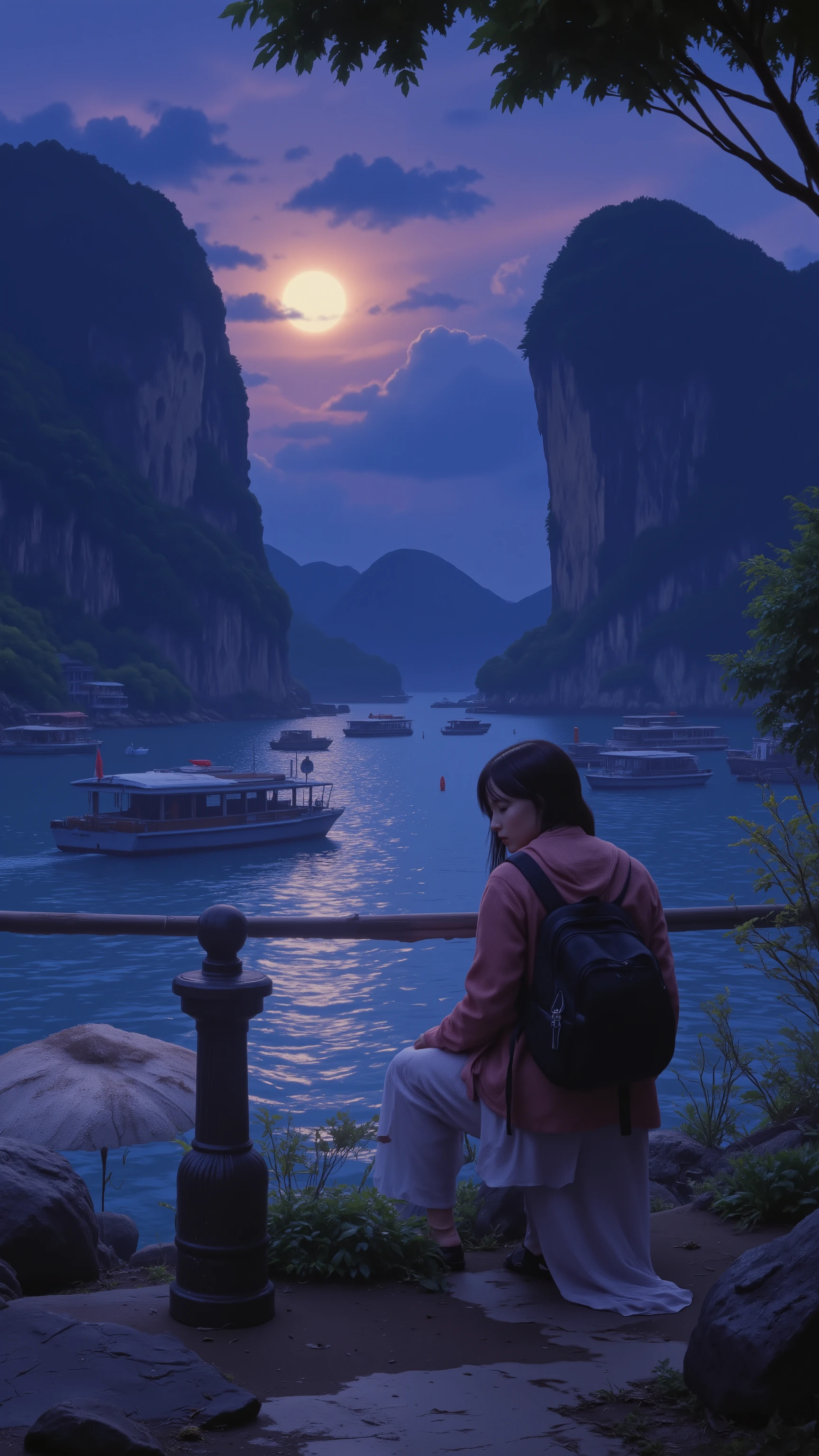 I'm imagining、 Vietnamの 昼間の景色、、Halong Bay、 Vietnam、太陽の光、良い景色、moon、Bay in front of the seaDigital Illustration、4K high-definition digital art、 4K detailed digital art、 natural scenery 、 Art Wallpaper 8K 、 background artwork、 4K Art、4K HD illustration wallpaper woman sitting and crying with anxiety
