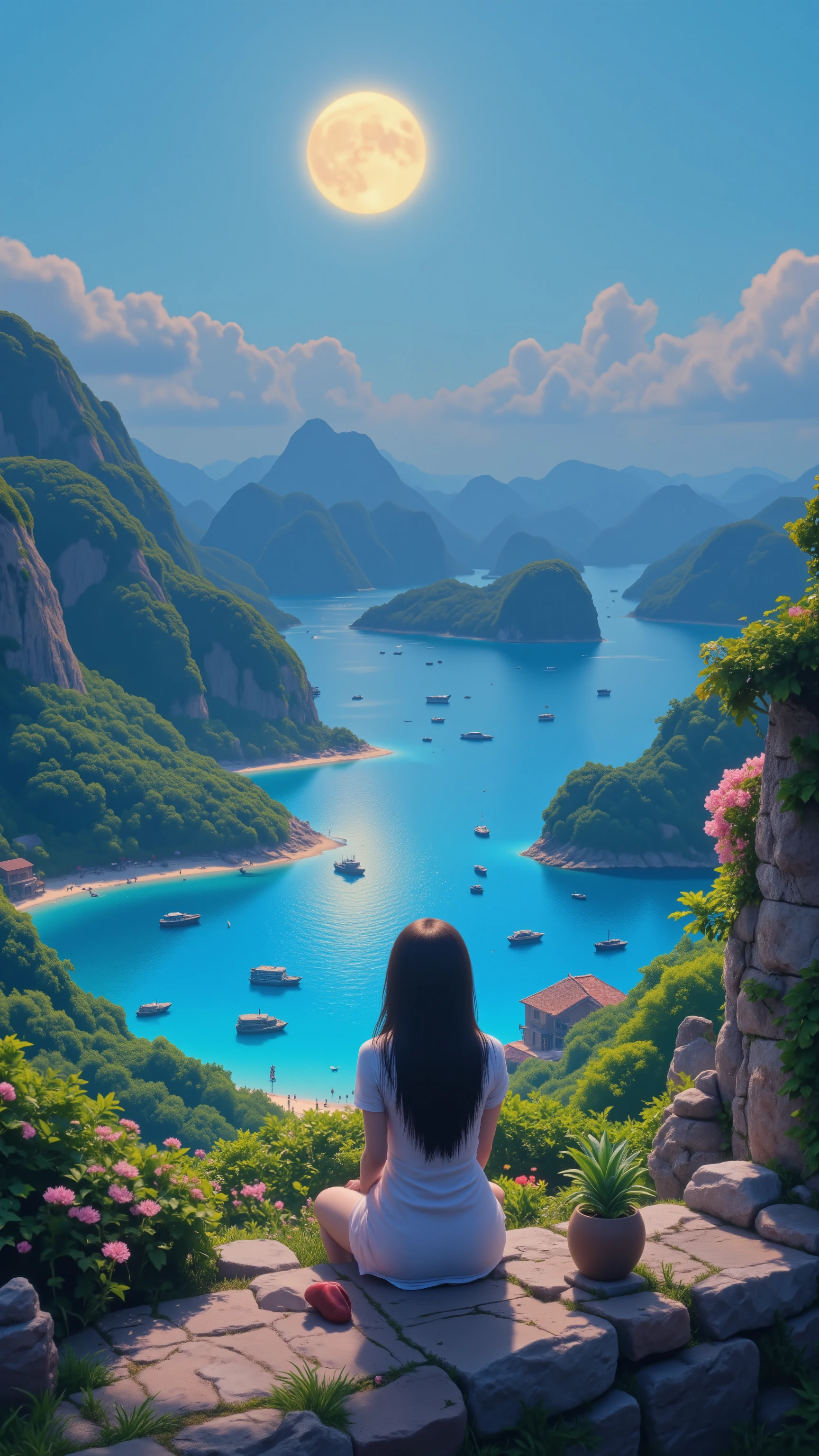 I'm imagining、 Vietnamの 昼間の景色、、Halong Bay、 Vietnam、太陽の光、良い景色、moon、Bay in front of the seaDigital Illustration、4K high-definition digital art、 4K detailed digital art、 natural scenery 、 Art Wallpaper 8K 、 background artwork、 4K Art、4K HD illustration wallpaper woman sitting and crying with anxiety