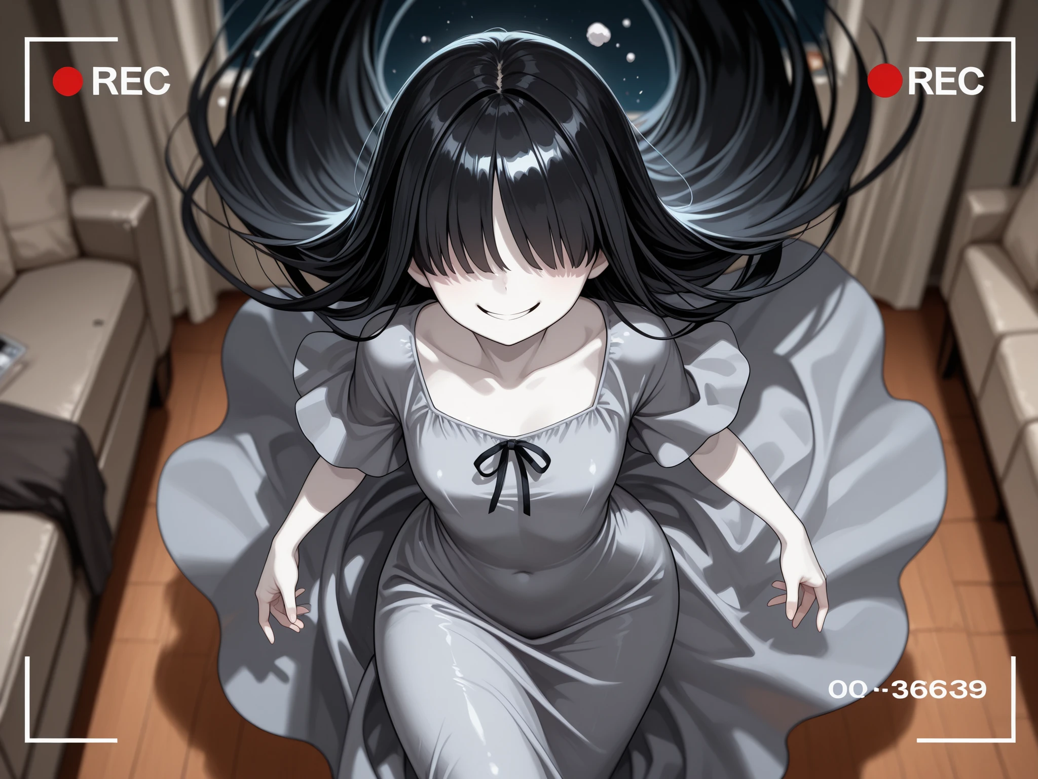 a high-quality digital drawing, clean and sharp details, anatomically correct, 1girl, (masterpiece), (8k quality), (top rated on pixiv), (depth of field), ((score_9)),

break,
((beautiful round face)), ((pale skin)),

break,
((long straight black hair)), ((bangs over eyes)),

break,
((detailed gray ghost dress)), ((chest 36 inches)), ((waist 29 inches)), ((hips 32 inches)),

break,
((recording frame)), ((from above)), ((sadistic smile)), ((floating in air)),  ((detailed living room)), ((night))