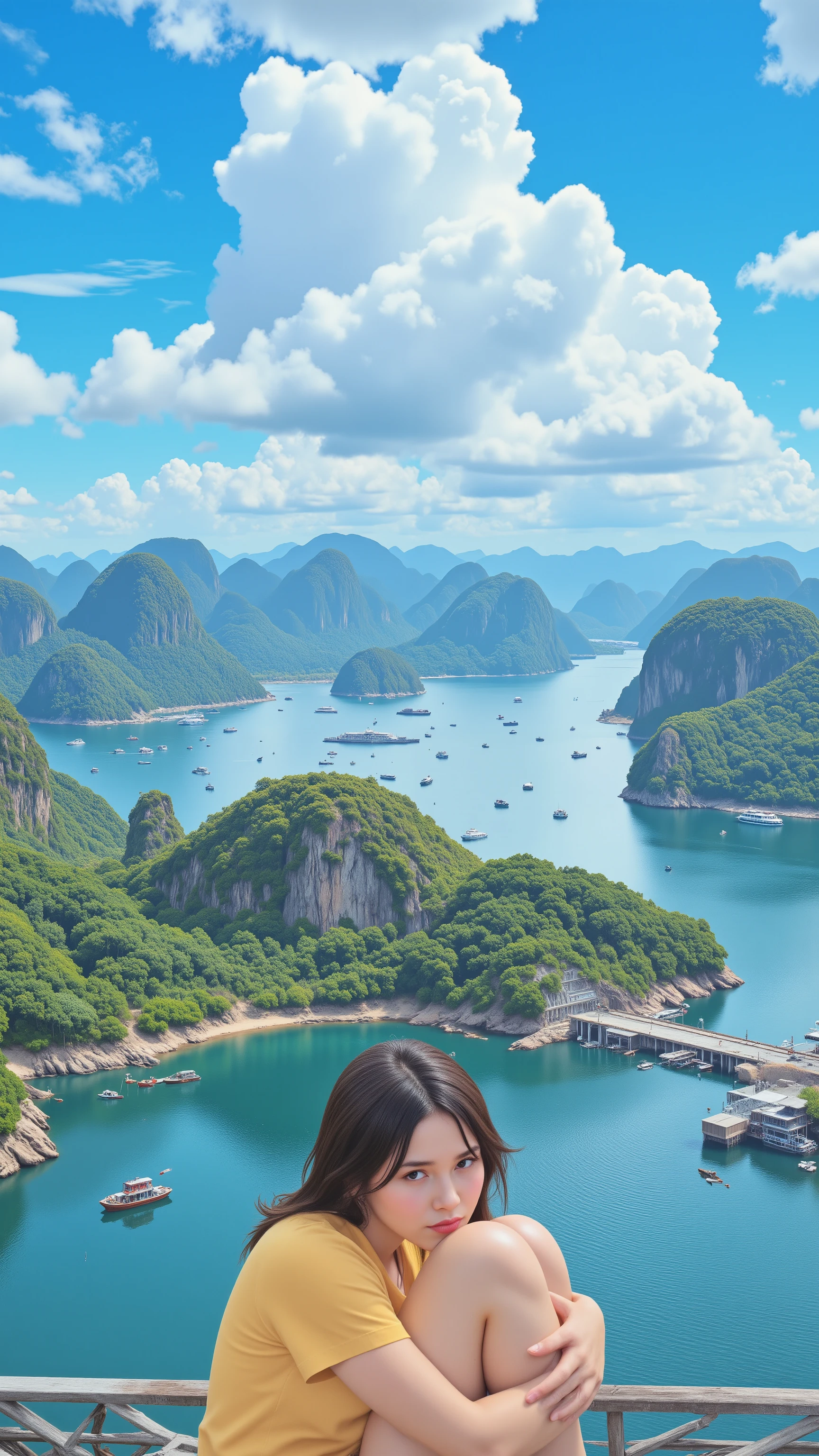  I'm imagining、  Vietnamの  ひるまｎ、Halong Bay、    Vietnam、太陽の光、良い景色、Bay in front of the seaDigital Illustration、4K high-definition digital art、 4K detailed digital art、 natural scenery 、 Art Wallpaper 8K 、  background artwork、  4K Art、4K HD illustration wallpaper woman sitting and crying with anxiety 