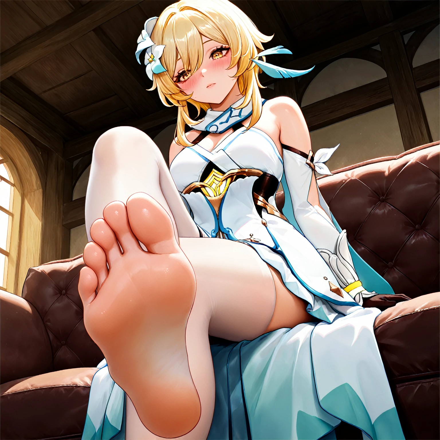 score_9, score_8_up, score_7_up, score_6_up, source_anime, BREAK by ikuchan kaoru, iku, clean color, flat color,1girl, genshin impact, lumine genshin impact, indoors, castle, princess, crown, femdom, barfeet, foot on viewer, sitting on throne, dominant, smug, smug grin, ((closed mouth)), solo