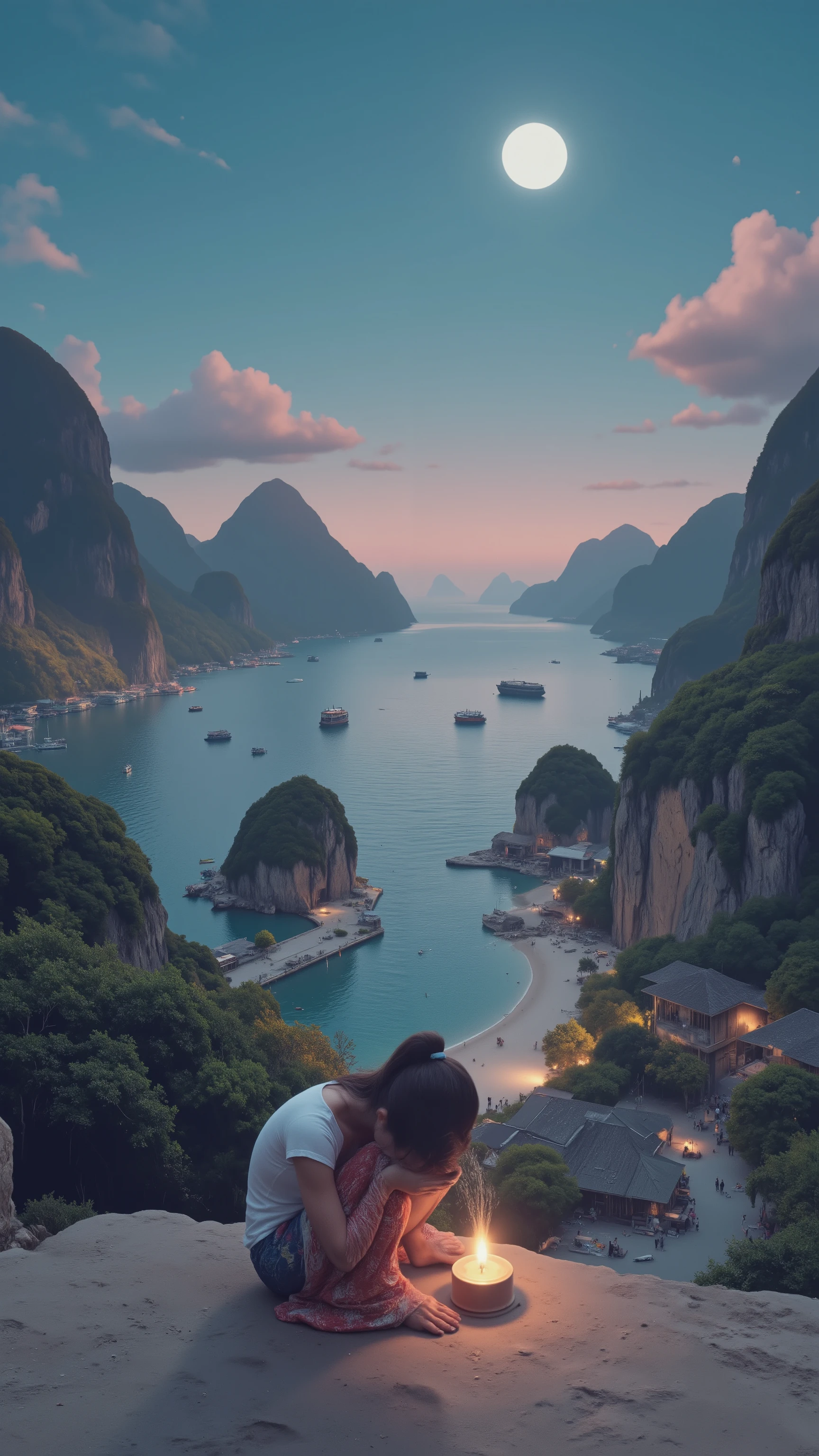 I'm imagining、 Vietnamの 昼間の景色、、Halong Bay、 Vietnam、太陽の光、良い景色、moon、Bay in front of the seaDigital Illustration、4K high-definition digital art、 4K detailed digital art、 natural scenery 、 Art Wallpaper 8K 、 background artwork、 4K Art、4K HD illustration wallpaper woman sitting and crying with anxiety