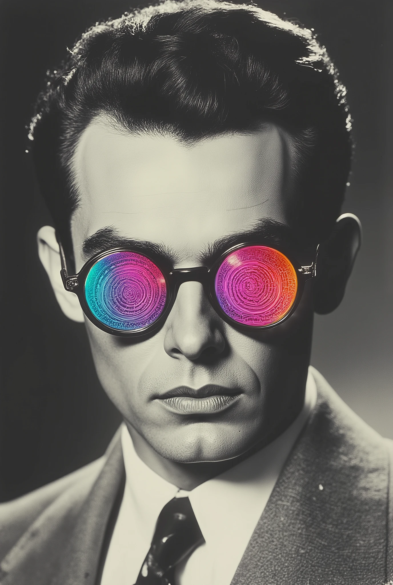 old intervened photograph, Photo of young Aldous Huxley with round glasses. the black and white photo, his lenses with a colored psychedelic pattern (Head in the frame)