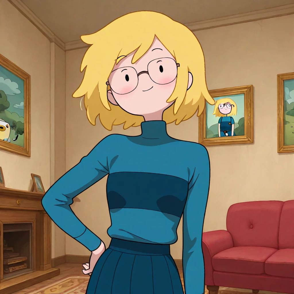 1girl, Velma from scooby-doo, solo, fat (fat body), brown hair, black eyes, square glasses, orange turtleneck blouse and red skirt,  eyeliner, looking at viewer, lips, black bob cut, blunt bangs, blush, standing, upper body, face focus, outdoors, horror \(theme\), night, fog egirlmakeup, 