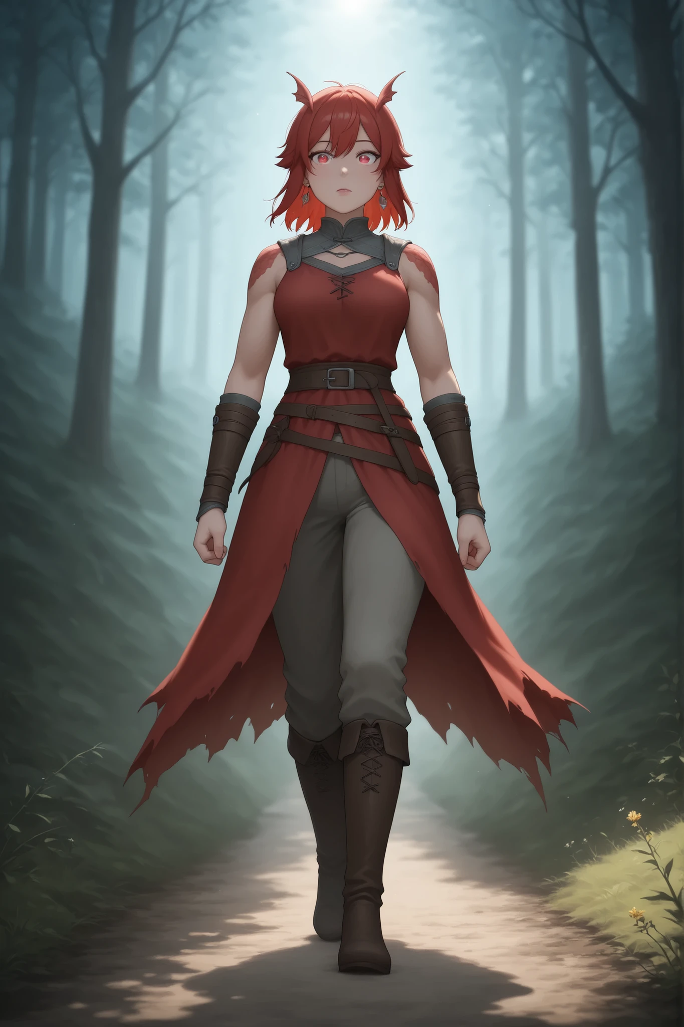 Tomo Aizawa , medium hair, red hair, medium breasts, earrings, pink lips , fire red eyes, muscle body, |   fins on the head, is dressed in light medieval pants and light medieval clothes and foot boots , walks along a path in the forest . A sun, gloomy forest , but the path and clearing are bathed in bright sunlight . rich bright colors , magic composition . The dust under your feet , illuminated by the warm sunlight giving long soft shadows . Old ivy fence off the road , driftwood and wildflowers along the road . masterpiece , Best quality , Ultra-detailed , Cinematic emotional static frame , 8K UHD , extremely detailed , physical visualization , HDR . Unrealistic image , fantasy genre , dramatic lighting . Highly detailed digital art style , (sfw:1 . 3) .