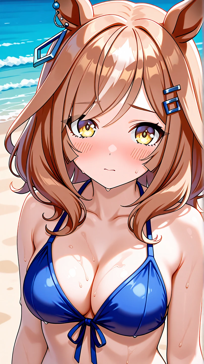 ((masterpiece)), ((best quality)), (detailed), ((adult women)), ((light brown skin)), ((short moptop wavy hair)), forehead, (light brown hair), (slant eyes), (large breasts), photograph, beautiful detailed face, detailed eyes, (private beach), (embarrassed:1.2), (nsfw), (topless), (watermark:0.3), (sexy pose), parted lips, light smile
