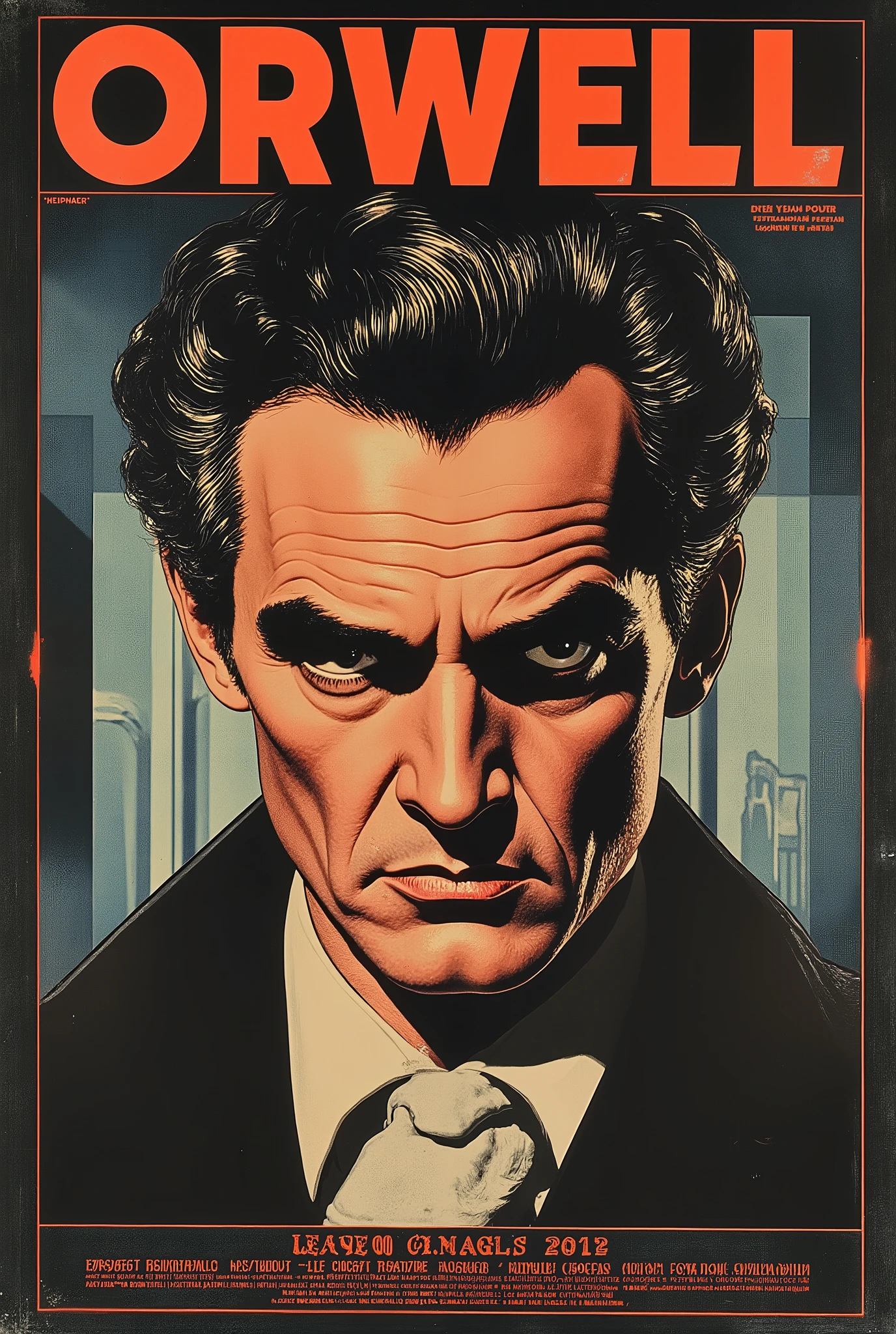 the best quality)), ((masterpiece)), (detailed), ((Detailed illustration)) Illustration of George Orwell (old), sombras en su rostro no permiten ver sus eyes (sombras cubren eyes). large text at the top "Orwell". espionage themed background, eyes. communist poster style, brutal, constructivist