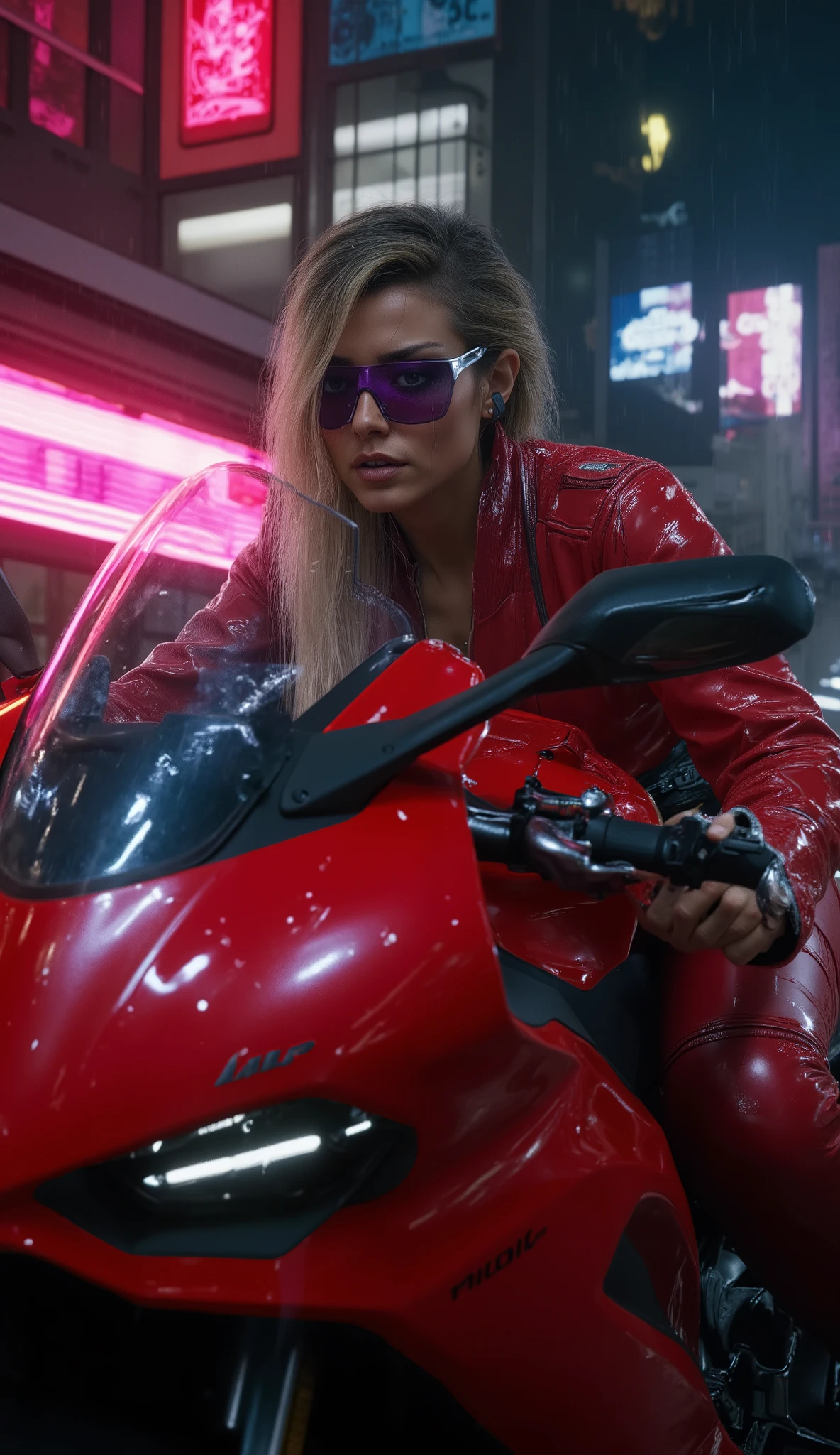 Masterpiece, ultra high quality, hyper-detailed cinematic (((close-up))). A blondy fearless young woman with intense expression, wearing a purple glasses, glossy red leather jacket, matching tight red leather pants, and black boots, riding a red Ducati Panigale V2 in a neon-drenched cyberpunk city at night. The camera is positioned close to her face and upper body, capturing her determination as neon lights and holographic ads reflect on her leather outfit and the motorcycle's sleek design. Rain droplets glisten on her skin and visor, lens flares and neon reflections blur in the background, with motion blur emphasizing speed. Dramatic cinematic lighting, film still aesthetic, cyberpunk masterpiece.