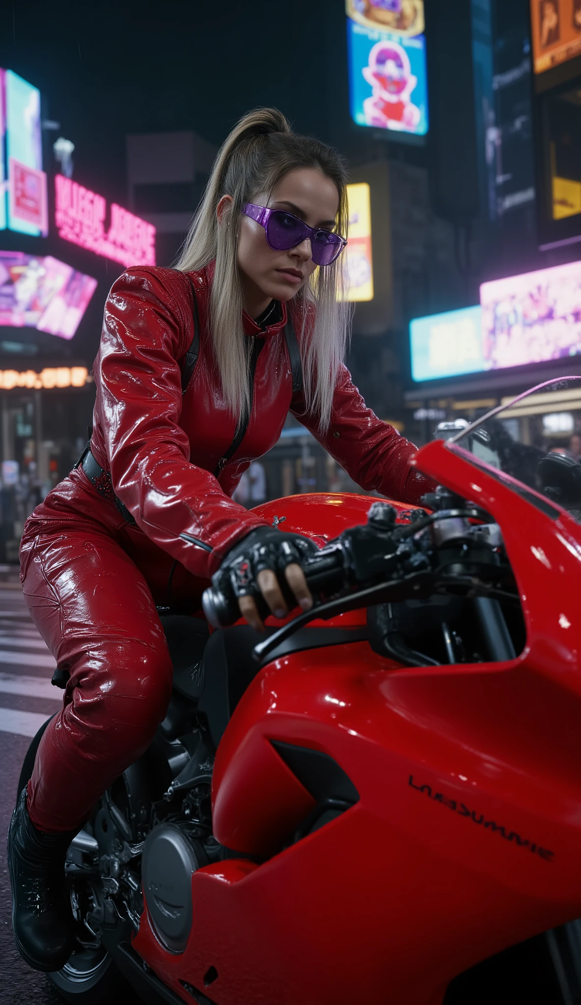 Masterpiece, ultra high quality, hyper-detailed cinematic (((close-up))). A blondy fearless young woman with intense expression, wearing a purple glasses, glossy red leather jacket, matching tight red leather pants, and black boots, riding a red Ducati Panigale V2 in a neon-drenched cyberpunk city at night. The camera is positioned close to her face and upper body, capturing her determination as neon lights and holographic ads reflect on her leather outfit and the motorcycle's sleek design. Rain droplets glisten on her skin and visor, lens flares and neon reflections blur in the background, with motion blur emphasizing speed. Dramatic cinematic lighting, film still aesthetic, cyberpunk masterpiece.