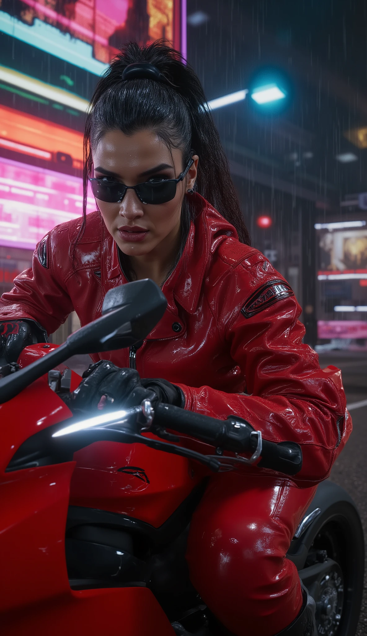 Masterpiece, ultra high quality, hyper-detailed cinematic close-up. A fearless young woman with intense expression, wearing a glossy red leather jacket, matching tight red leather pants, and black boots, riding a red Ducati Panigale V2 in a neon-drenched cyberpunk city at night. The camera is positioned close to her face and upper body, capturing her determination as neon lights and holographic ads reflect on her leather outfit and the motorcycle’s sleek design. Rain droplets glisten on her skin and visor, lens flares and neon reflections blur in the background, with motion blur emphasizing speed. Dramatic cinematic lighting, film still aesthetic, cyberpunk masterpiece.