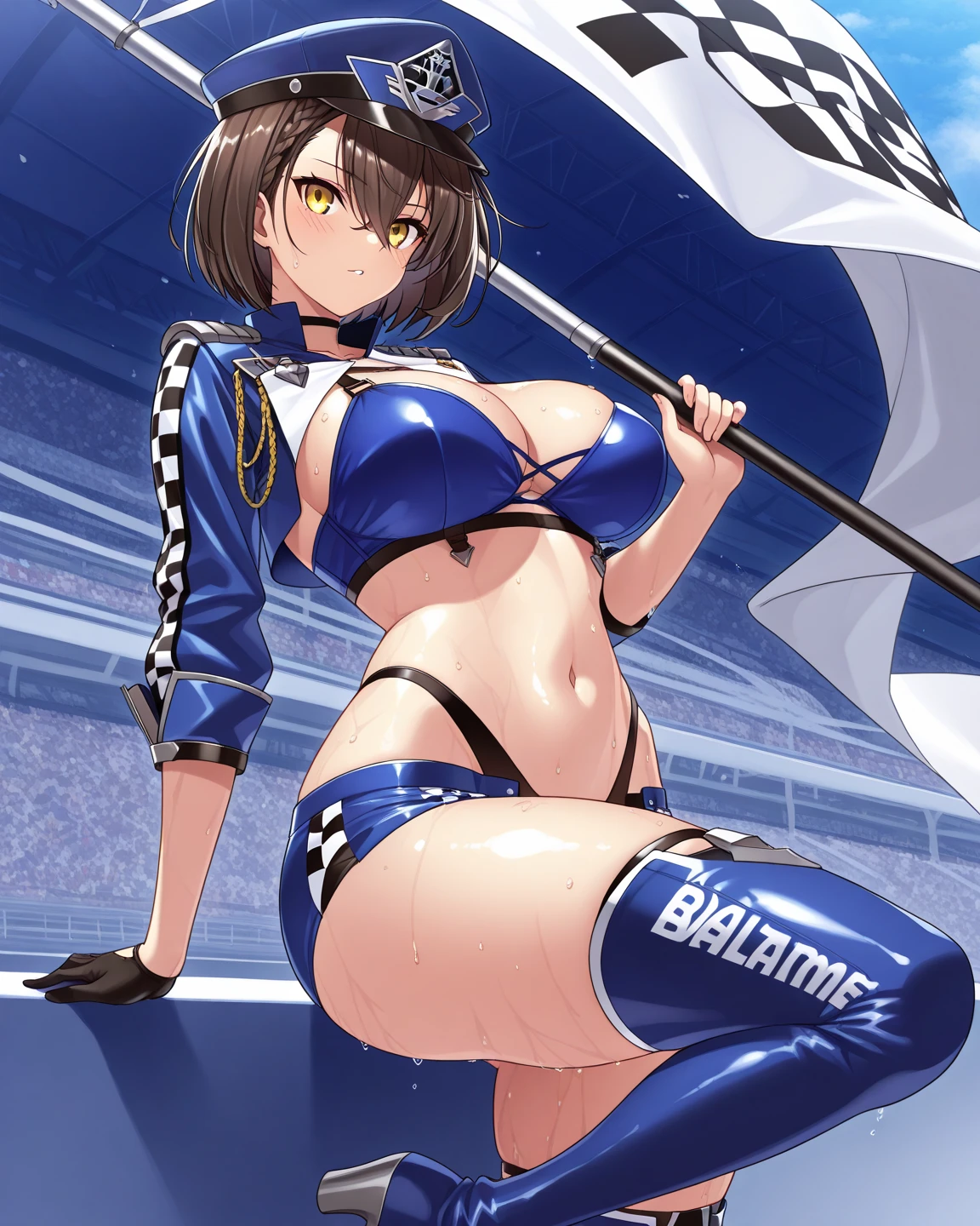 1girl,solo, <lora:BaltimoreRaceQueenHighlegBikiniCroppedJacket:1>,
, race queen, huge breasts, cropped jacket, highleg bikini, micro shorts,thigh boots,, blush, outdoors, road, hand on hip, <lora:char-madoka:0.8>,purple hair, hairclip, light frown, parted lips,