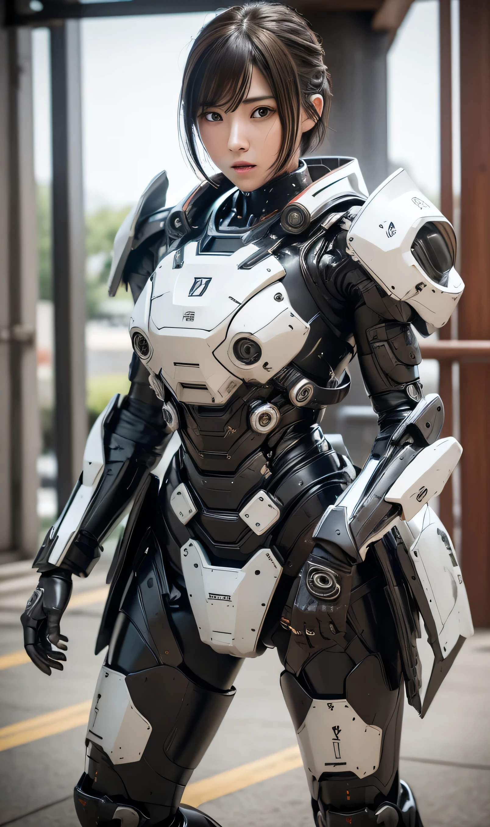 textured leather, Super detail, Attention to detail, high quality, 最high quality, high resolution, 1080P, Hard disk, beautiful,(war machine),Beautiful cyborg woman,Cyborg girl red and black wick,Battle Mode,Girl with a mechanical body(The armor is red 7、proportion 3 black),She is wearing a fuse of a futuristic combat weapon、short hair [youthful、brown eyes、sweaty face、tired look、 opens her mouth sexy eyes Steam coming out of the head kneel full face