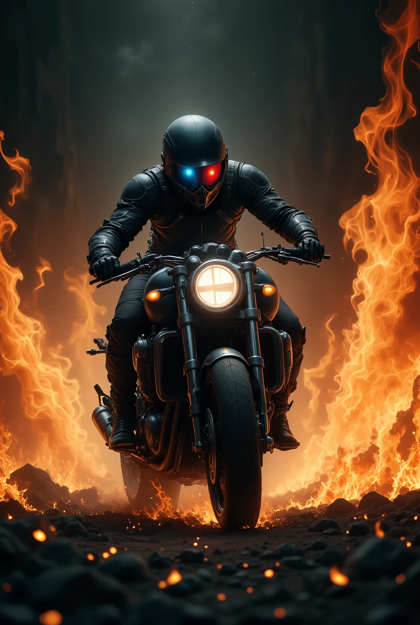 A motorcyclist, clad in black protective gear and helmet, rides a powerful motorcycle that is engulfed in intense, roaring flames. The scene is dramatic and surreal, with embers flying through the air and the ground ablaze, illuminating the dark surroundings with an ominous glow., lighting