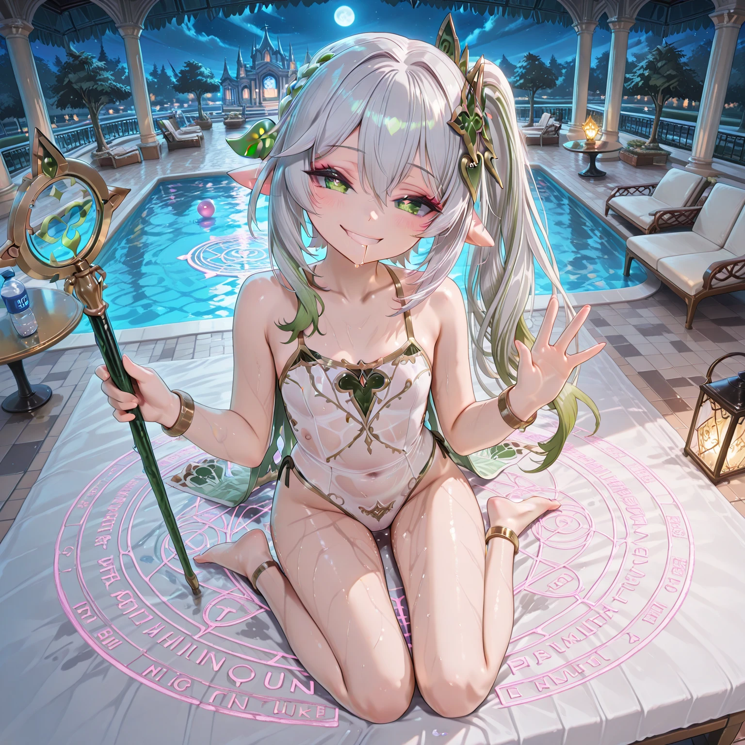 1girl,sucrose \(genshin impact\), arm_support, bangs, bath, bathing, blush, breasts, closed_mouth, collarbone, covering, covering_breasts, crescent_moon, full_moon, hand_on_own_chest,, looking_at_viewer, moon, moonlight, night, night_sky, nude, nude_cover, onsen, partially_submerged, shiranui_flare, shooting_star, sitting, sky, soaking_feet, solo, star_\(sky\), starry_sky, steam, towel,water, wet, <lora:TsumasakySucrose_v1:0.6>