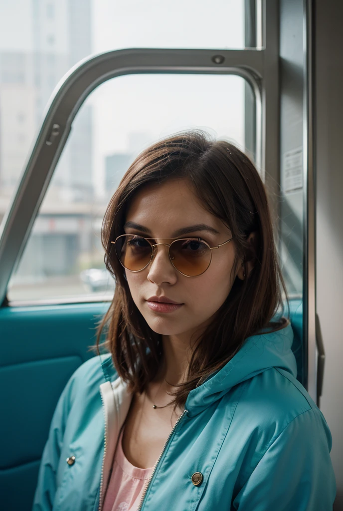 (Best quality, Ultra detailed, Golden ratio, Masterpiece:1.2), Theatrical lighting:0.7, Photo of a woman, dressed in a very elegant and pretty dress, Perfect rare face, (Highly detailed skin), randomly dyed hair, Hide your mouth with your hands、Ridicule, skin texture, Pale skin, shiny skin, (thin, large size:1.2), [:(Sharp focus on rare face, perfect eyes:1.2):0.2], photorealistic, film grain, Put one foot forward、from below looking up、look at camera、Emphasize the shoulders, Focus on face、Stockings、glasses、Smile with corners of mouth raised、disdainful expression, summer haze, muted colors, muted warm colors, Photo cinematic portrait of a woman dressed in a striped dress sitting by the window in the early morning, cinematic, (tilted:1.3) (on an old train) look cautious, standing under a spotlight, volumetric dust clouds, key light, backlight, soft natural lighting, photography Film grain ISO 400 30 mm lens RAW f1.8 aperture, highly detailed (analog photography:1), colors hdrShe carries an air of quiet confidence and warmth. Her eyes sparkle with intelligence and curiosity, reflectingCreat a promt about a youbg 18 year girl look prity oval face shape black wave hair red chicks and lightpink lips hight 5.8 fit wearing a jeggings and hoodie