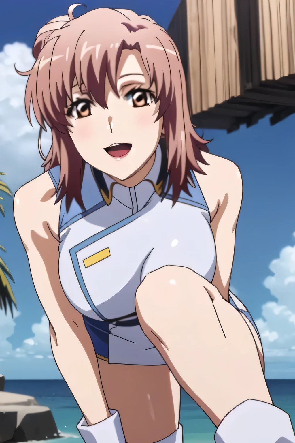 Can you draw a skinny woman in a sleeveless big breasted military uniform，big breasts blue and white women's lightweight military costume，、miniskirt，wear thigh-high stockings on both legs，boots，,brown hair，smiling Yang，A woman gazing at the ocean，、Don't trim to the top of your face，Yang's smiling human hands and feet，big breasts but thin waist，amazing thighs ，Beautiful legs，,Anime CG， Sunny，Blue Sky,smiling Yangの爆乳軍事ユニフォーム美人，  ,seen from below，miniskirtから水色パンティが透けてはっきり見える，amazing thighs ，Beautiful legsと大きな胸を持つ美しい女性，