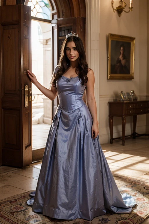 Jennifer Connelly in a ball gown with a huge neckline in cold colors with a  smile.