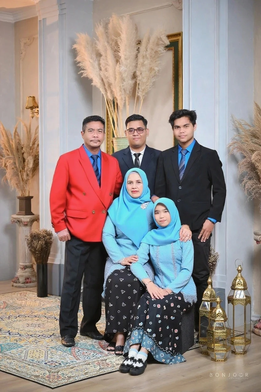 arafed family posing for a picture in a white room, full protrait, indonesiam muslim, women wearing hijab, family, happy family, family portrait, family photography, potrait, protrait, by Basuki Abdullah, an indonesian family portrait, family photo, casual photography, portrait n - 9, taken with canon eos 5 d mark iv, photo portrait, portrait picture