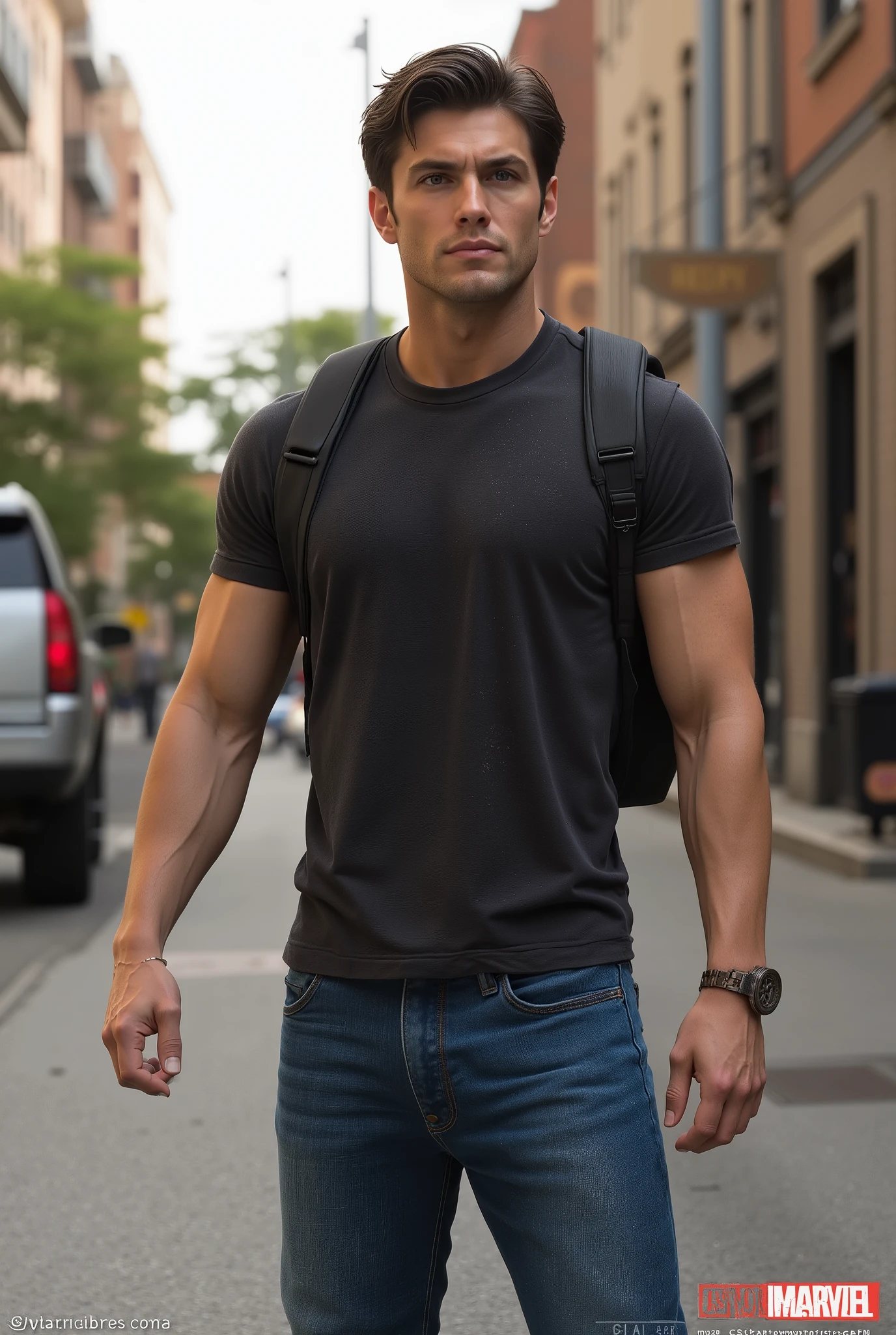 Peter Parker, roupas civis, tight dark t-shirt, jeans, botas curtas pretas, athletic, definido, slightly wavy short dark brown hair, Light brown eyes, adulto, realista, fundo da cidade, pose casual.