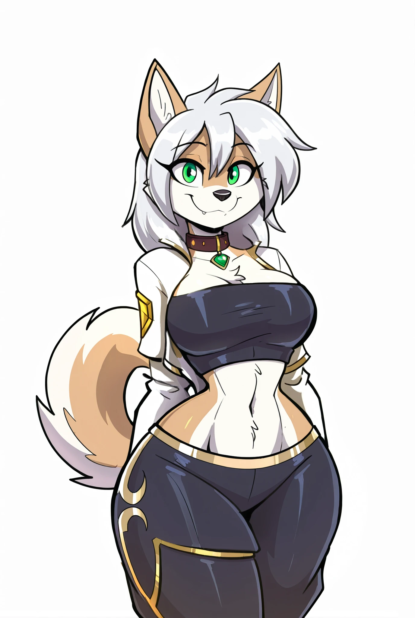 (solo), anime/manga style, best quality, high resolution, absurdres, BREAK, (adult), uploaded on danbooru, uploaded on e621, [by rick griffin:0.5], (by jizoku, by inu-sama), [by zeekzag], by sssonic2, [by mastergodai:0.2], [by chalo:0.32], by r-mk, [by joaoppereiraus:0.6], [by jrvanesbroek:0.4], (adorable smile), (cute, adult), (female), (anthro, welsh corgi and shiba inu mix, corgi ears, shiba tail), (tall, light brown body, white patches), straight hair, medium hair, silver hair, hair between eyes, (looking at viewer, innocent expression, shy, happy:1.2), green eyes, (visible cute fangs), (white jacket, fantasy anime outfit, top, grey and gold trim, asymmetrical sash, grey high-waisted pants, grey-ish white stylish female rogue mage attire, midriff-baring, elegant but practical, fantasy adventurer, modern/sci-fi/fantasy fashion), black nose, BREAK, (beautiful, adorable), (collar with green gem), eyebrows are same color as hair, simple plain background, medium/big breasts, [midriff], very slightly wide hips, neck floof, chest fluff, chest floof,