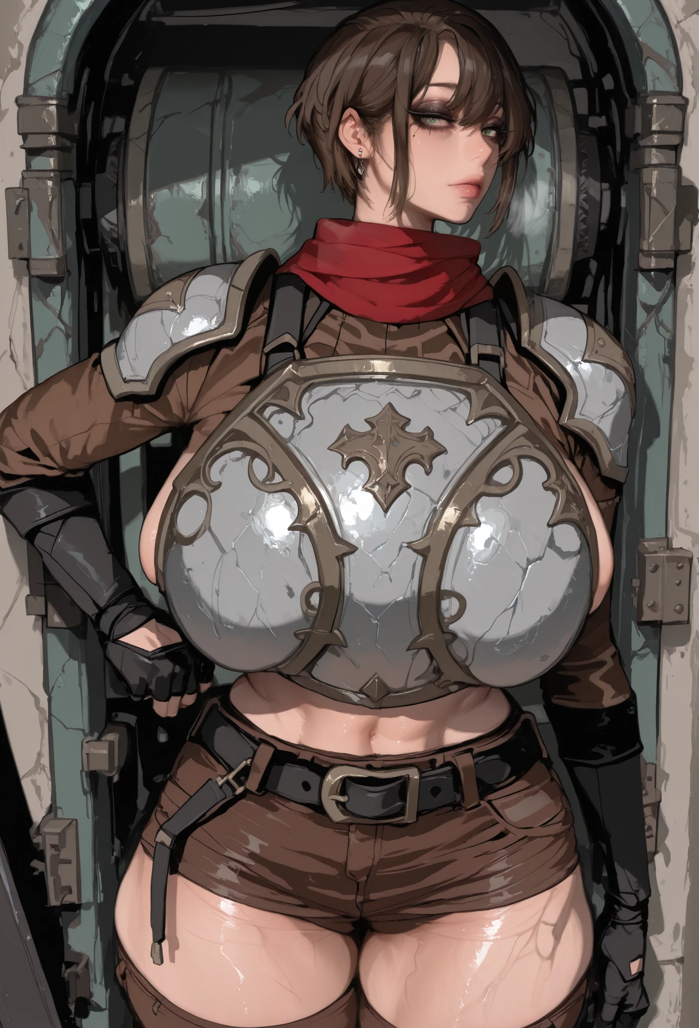 akimbo, ruanyi0046,l1h4nb0y, brown hair, short hair, brown shirt, brown pants, green eyes, belt, red scarf, pauldrons, breastplate, mamimi, beautiful elegant faces, huge Breasts, wide hips, huge ass, thick legs, thick arms, look at the viewer, eyes fully visible, fully cloth, (8k , top quality , masterpiece) , (realistic , raw photo , super fine clear), make up, mascara, black eyeshadow,