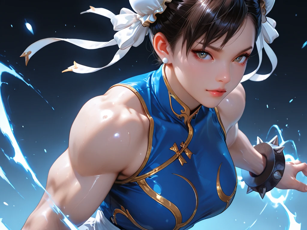 Street fighter chun li smiling, showing armpits. 