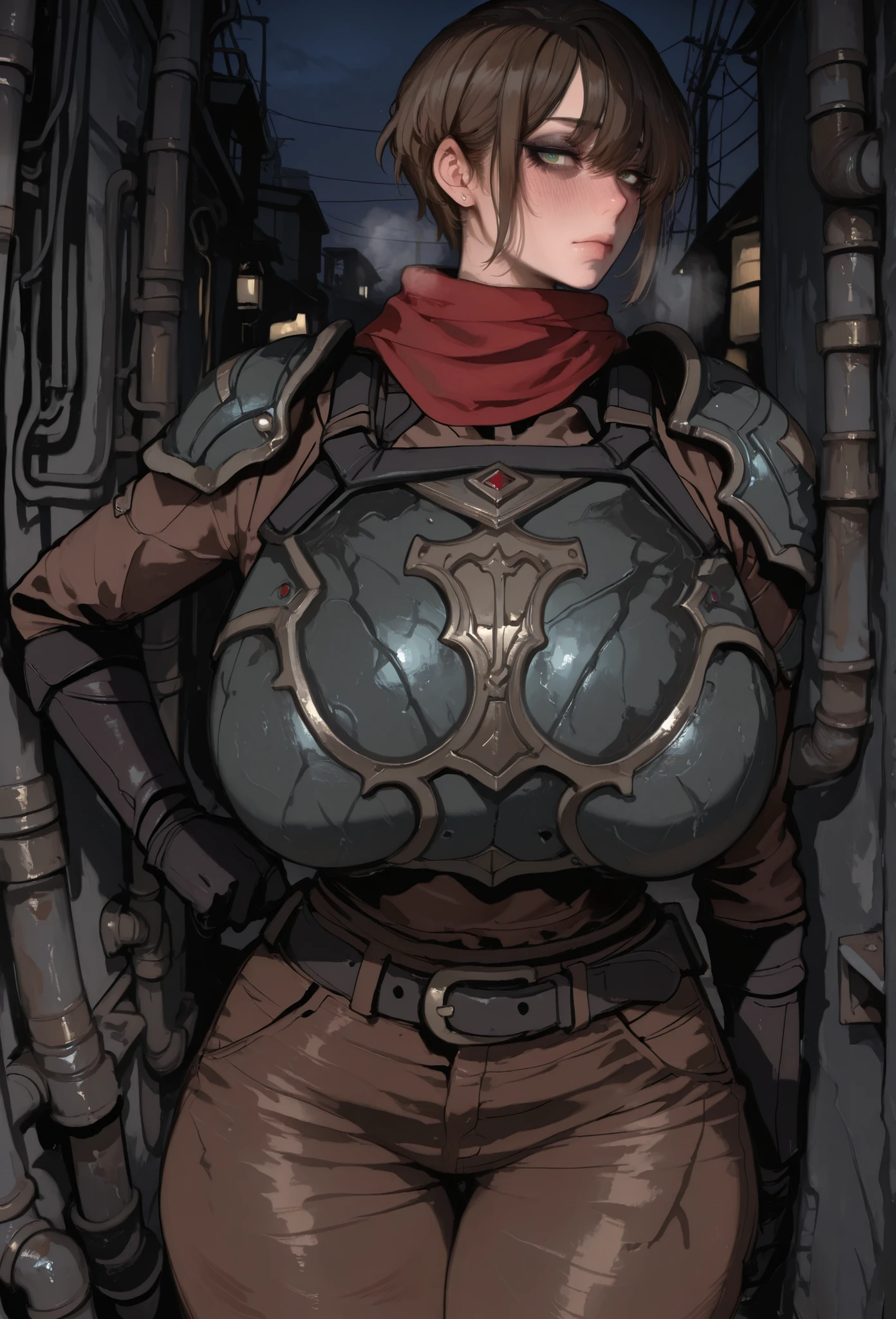 alley,no humans,power lines,industrial pipe,dark,night,dim lighting,blush, embarrassed, hand press on hips, ruanyi0046,l1h4nb0y, brown hair, short hair, brown shirt, brown pants, green eyes, belt, red scarf, pauldrons, breastplate, mamimi, beautiful elegant faces, huge Breasts, wide hips, huge ass, thick legs, thick arms, look at the viewer, eyes fully visible, fully cloth, (8k , top quality , masterpiece) , (realistic , raw photo , super fine clear), make up, mascara, black eyeshadow,
