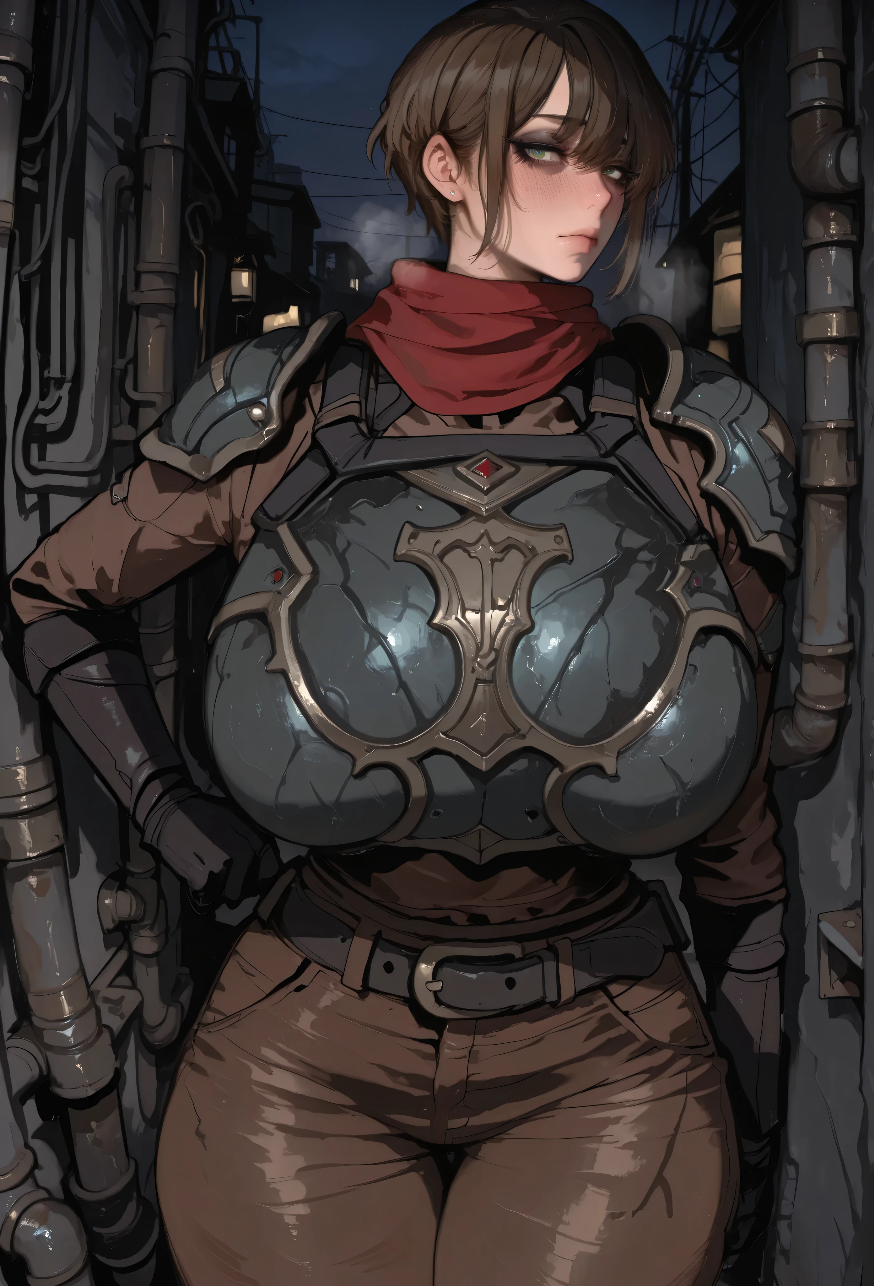 alley,no humans,power lines,industrial pipe,dark,night,dim lighting,blush, embarrassed, hand press on hips, ruanyi0046,l1h4nb0y, brown hair, short hair, brown shirt, brown pants, green eyes, belt, red scarf, pauldrons, breastplate, mamimi, beautiful elegant faces, huge Breasts, wide hips, huge ass, thick legs, thick arms, look at the viewer, eyes fully visible, fully cloth, (8k , top quality , masterpiece) , (realistic , raw photo , super fine clear), make up, mascara, black eyeshadow,