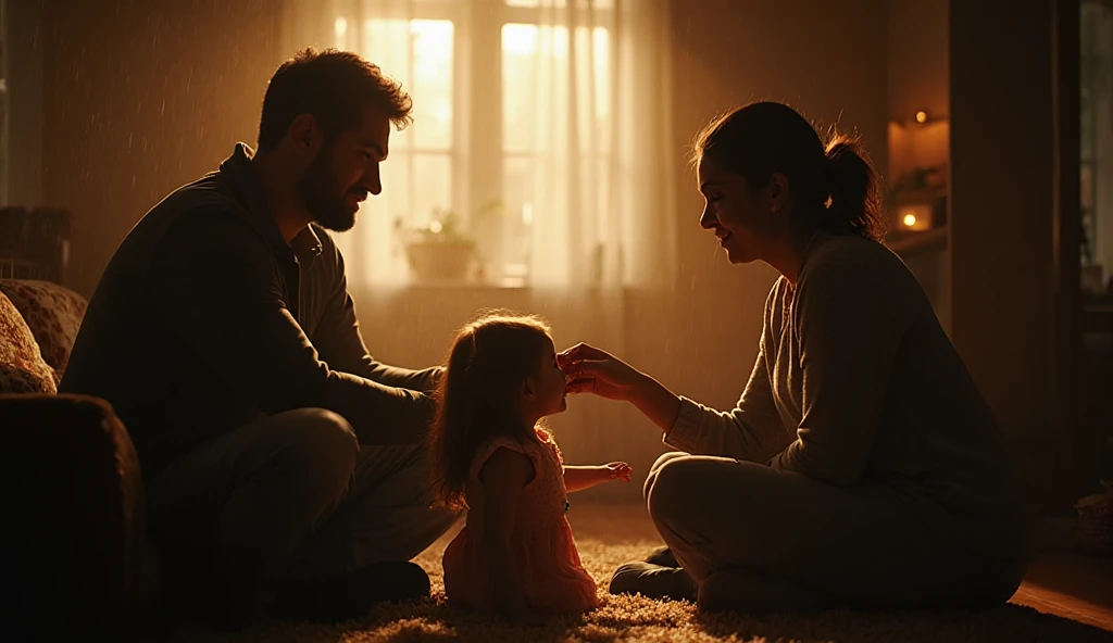 In a softly lit bedroom, a frantically gesturing man confronts a crying baby in a wooden crib, while a calm woman watches. The juxtaposition of the man's stress and the woman's tranquility creates a dynamic tension. The room’s minimalistic decor emphasizes the domestic setting, with light filtering through sheer curtains, adding warmth and depth. The overall mood ranges from chaotic to serene, inviting viewers to ponder the dynamics of parenthood.