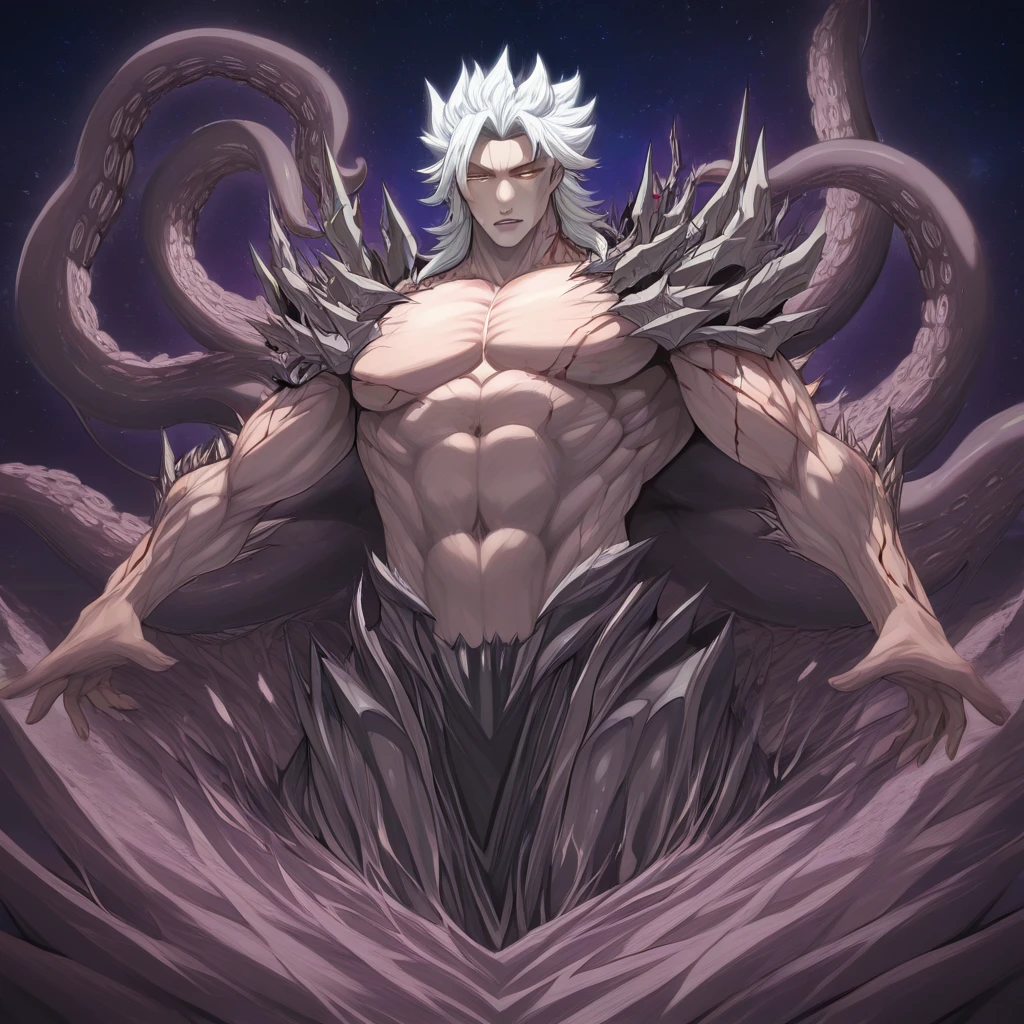 Hünkel,bandage,Silver Hair,Hulk-like body,(((18-year-old boy,Huge penis))),((Being pinned down by black tentacles)),Open your arms wide and clench your fists,Open your mouth wide,Wide, unfocused eyes,Many protruding veins,((Countless black tentacles attack from behind)),((Shoots black tentacles from its chest:1.5)),Full body images,Painful expression,Black undershirt,Huge erect penis,A lot of sweat, tears, drool and semen,In the middle of the Colosseum,Gives off an evil aura,Standing karate stance,Toned Muscles,rape,Devil's Body,A single thick tear,Black Tears