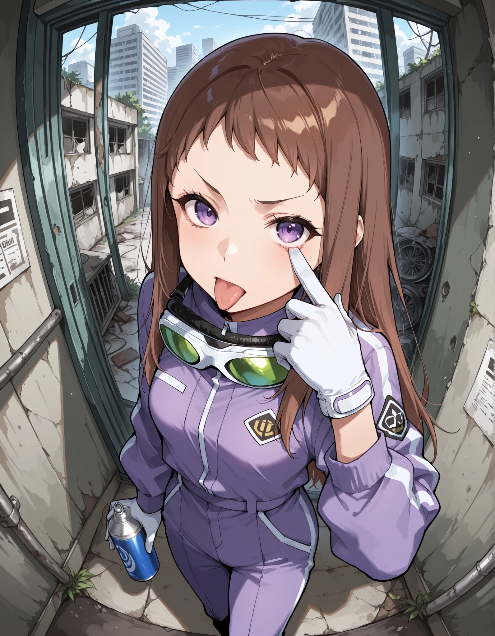 Score_9, score_8_up, score_7_up, source_anime, koseki reina, solo, short bangs, long hair, brown hair, purple eyes, small breasts, (best quality), (high quality), {masterpiece}, extremely delicate and beautiful, ultra-detailed, beautiful detailed eyes, purple jumpsuit, white working gloves, goggle on head, abandoned building, surveillance footage, fisheye effect, from above, holding spray can, akanbe, tongue sticking out, eyelid pull, index finge to eyelid, standing
