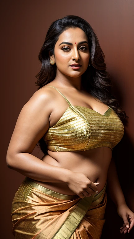 Imagine a daring visual portrayal featuring Vidya Balan's essence, embodying a confident, mature woman with small breasts. She exudes an exhibitionist allure, wearing a Women's Casua solid Neon Gold Summer half short Dress that accentuates her curves. The artwork subtly highlights the "large canal between the two breasts" in an artistic yet provocative manner. She stands in a posture that defies convention, evoking a sense of raw sensuality and confidence, capturing the essence of a sultry, plus-size MILF exhibitionist in an amorous light.