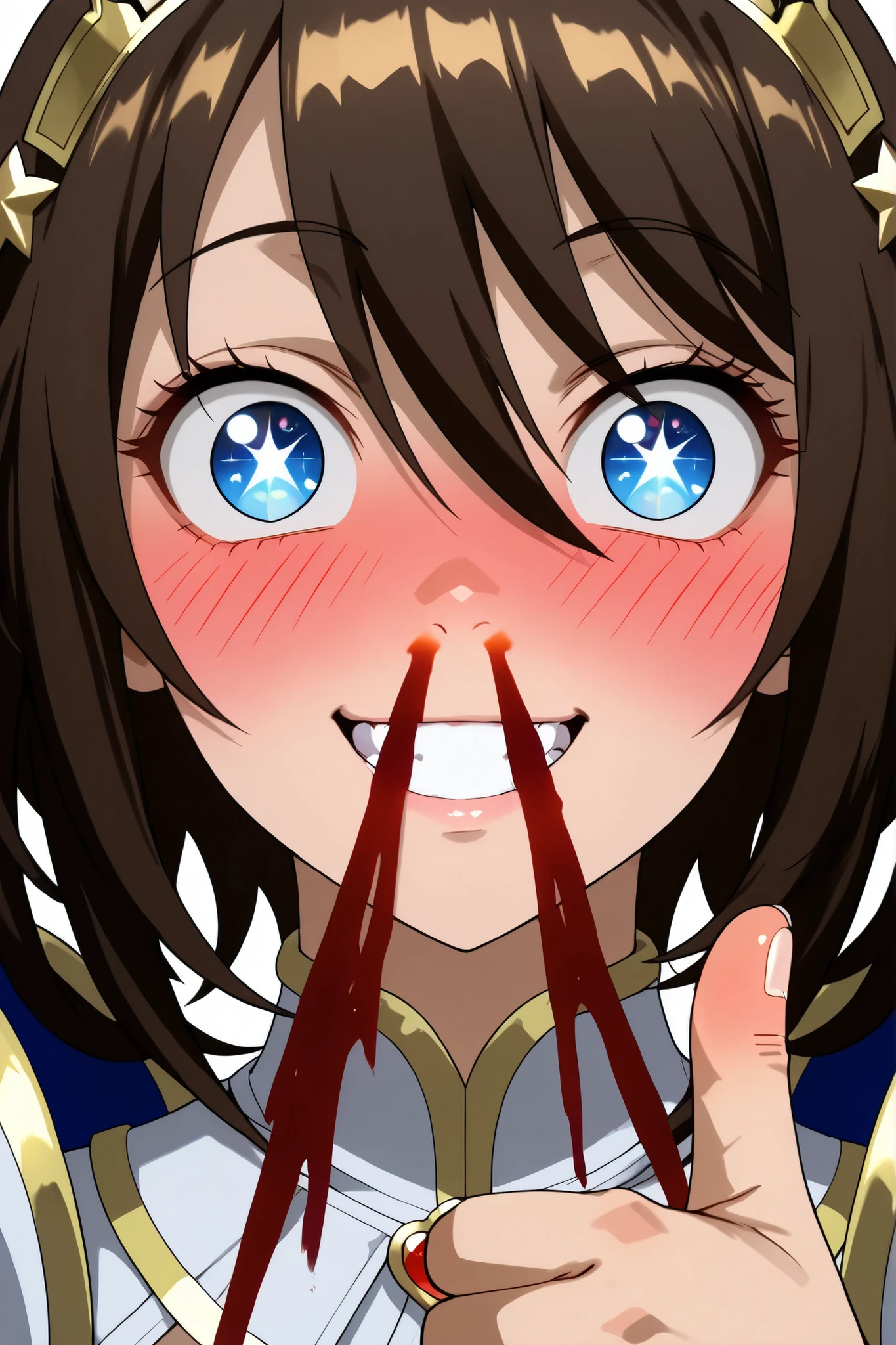 ExpressiveH, 1boy , solo, solo focus, highly detailed face, detailed eyes, cute blush, blushing, 1girl, brown hair, shiny blue eyes, short hair, knight armor, fantasy , (obra maestra, altamente detallado, la mejor calidad, 8k), big eyes, innocent look, cute, steamy air. ,cartoon style, anime style , highly detailed , newest,) . nosebleed, absurd, anime nosebleed, intense blush, blushed face, eyes wide open, surprised, close-up face, hyper detailed face, ExcessiveAnimeNosebleed-ILV1.0, nose bleed, bleed, excessive nose bleed, blood, nosebleed, thumbs up, funny smile, comic, covering her nose with one hand, stars shaped eyes, shiny eyes, yellow stars eyes