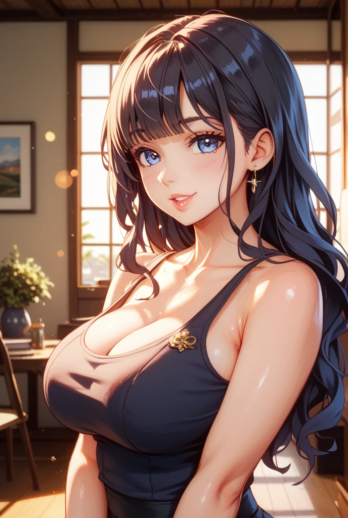 (best quality,4k,8k,high resolution,masterpiece:1.2),super detailed,(actual,realistically,realistically:1.37), Ultra high definition face, Woman in black dress posing for photo, large breasts, large , biggest breast, huge breast, thin waist, fitness model, rosy cheeks, Alluring with a smile