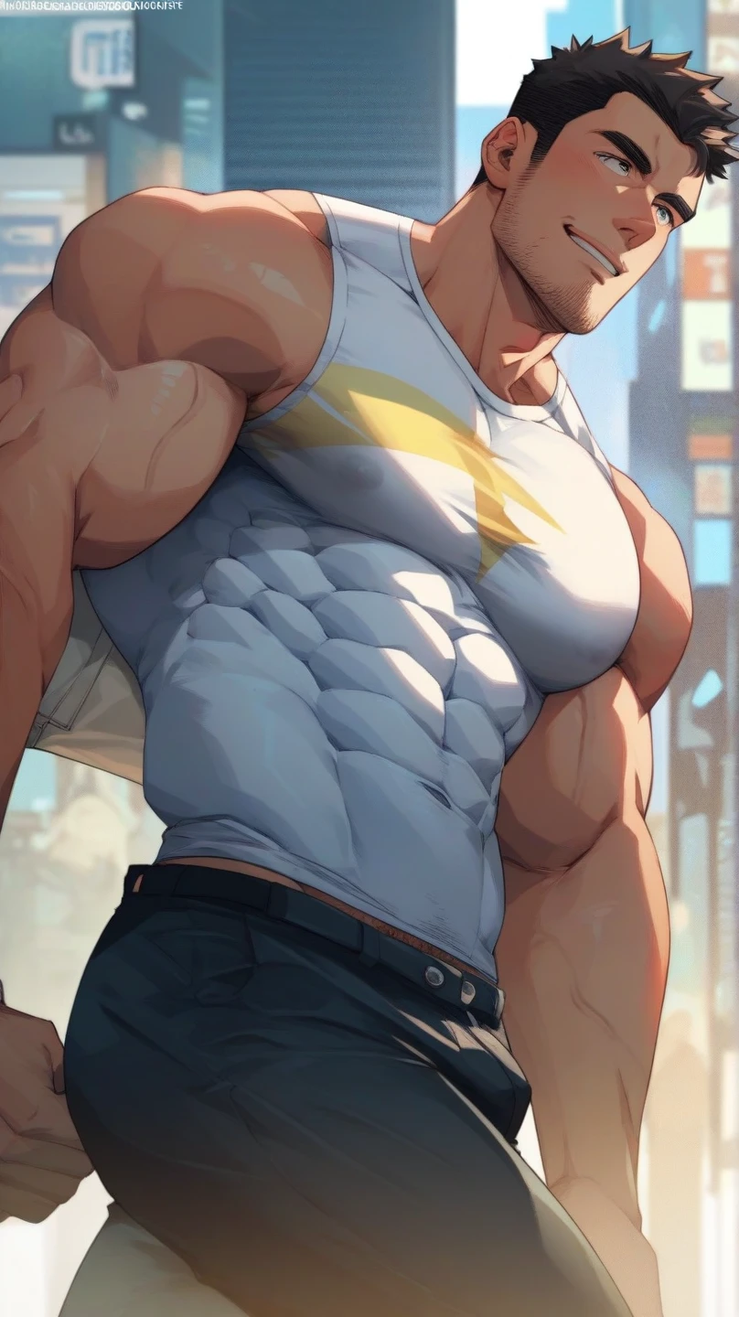 A muscular man in white and gold fitness clothing,Cool hairstyle