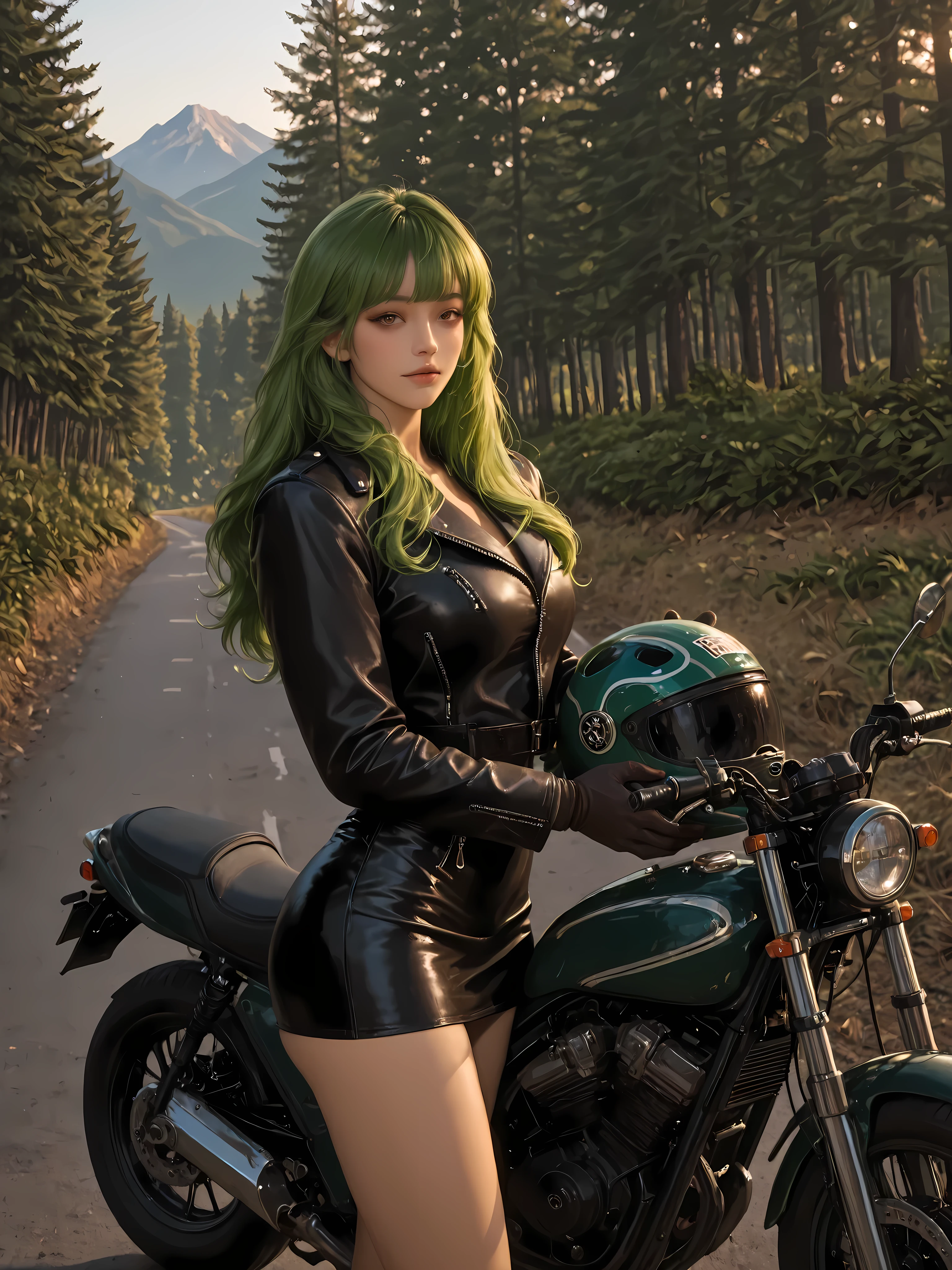 Vannamelon, extremely beautiful solo curvaceous girl, motorcycle, realism, best quality,4K,8K,high resolution,masterpiece,ultra-detailed,realistic,photorealistic,photo-realistic, HDR,UHD,studio lighting,ultra-fine painting,sharp focus,physically-based rendering,extreme detail description,professional,vivid colors,bokeh, young woman with alluring expression, detailed facial features, long flowing hair, green hair, athletic physique, confident pose, leather jacket, gloves, holding a helmet, leather skirt, scenic mountain road, lush forest backdrop, sunlight filtering through trees, dynamic motion blur, cinematic lighting, hyper-realistic painting