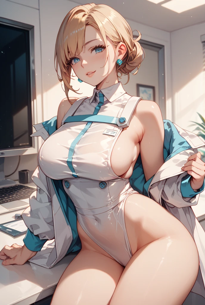 Best Quality, masutepiece, 超A high resolution, (Photorealistic)、adult lady、Soji Okita of FGO、Shinsengumi Haori、Colossal tits、NSFW,tabi、Slingshot swimsuit、neck tie