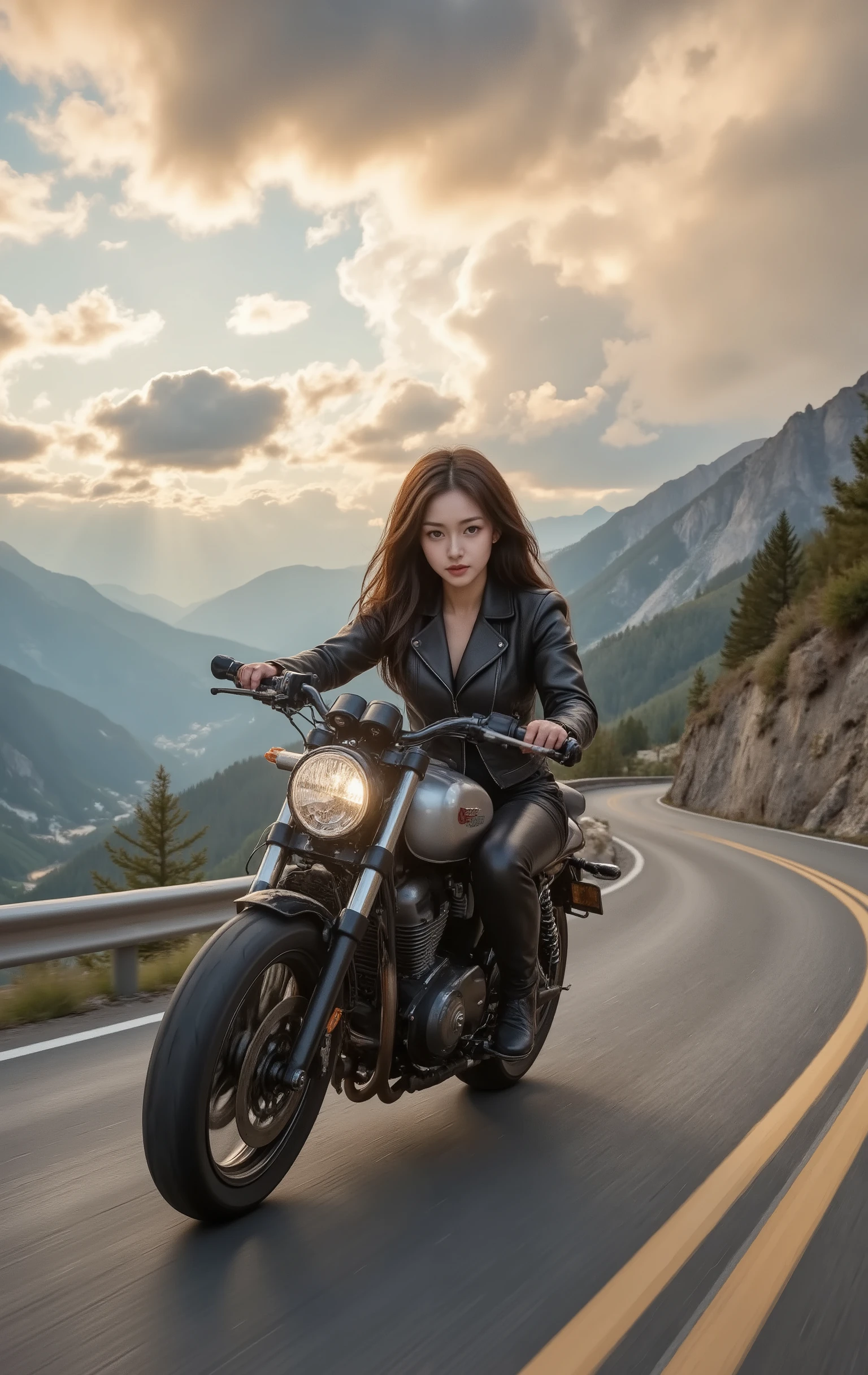beautiful girl, Motorcyclist, beautiful young woman riding a motorcycle, long brown hair flowing in the wind, expressive face with fierce determination, wearing black leather jacket and gloves, sitting upright on powerful motorcycle, speeding through winding mountain road, dramatic cloudy sky in the background, golden sunlight filtering through the clouds, high resolution, 8K, photorealistic, studio lighting, physically-based rendering, cinematic colors, vibrant, moody, adventurous
