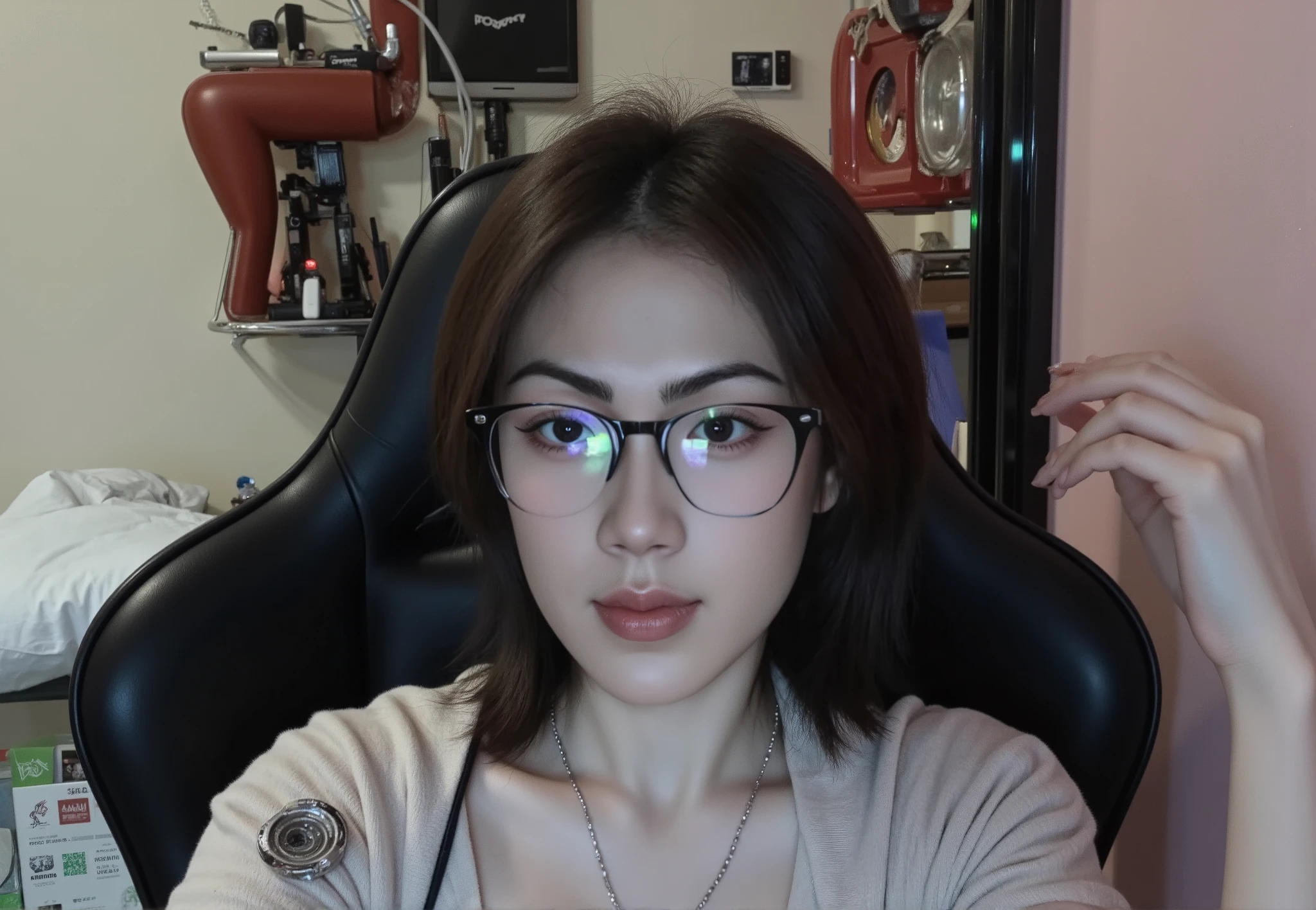 A photorealistic image of a Indonesian Javanese woman taking a selfie while resting her chin on her perfect hand (auto correct detail fingers) . She is wearing gaming headphones and sitting comfortably in a stylish gaming chair, huge breast , large cleavage visible on her tight t-shirt , surrounded by a vibrant gaming setup that includes colorful LED lights and a computer screen in the background. The focus is on her facial expression, showcasing her personality and the gaming atmosphere around her. (short hair , glasses , necklaces)