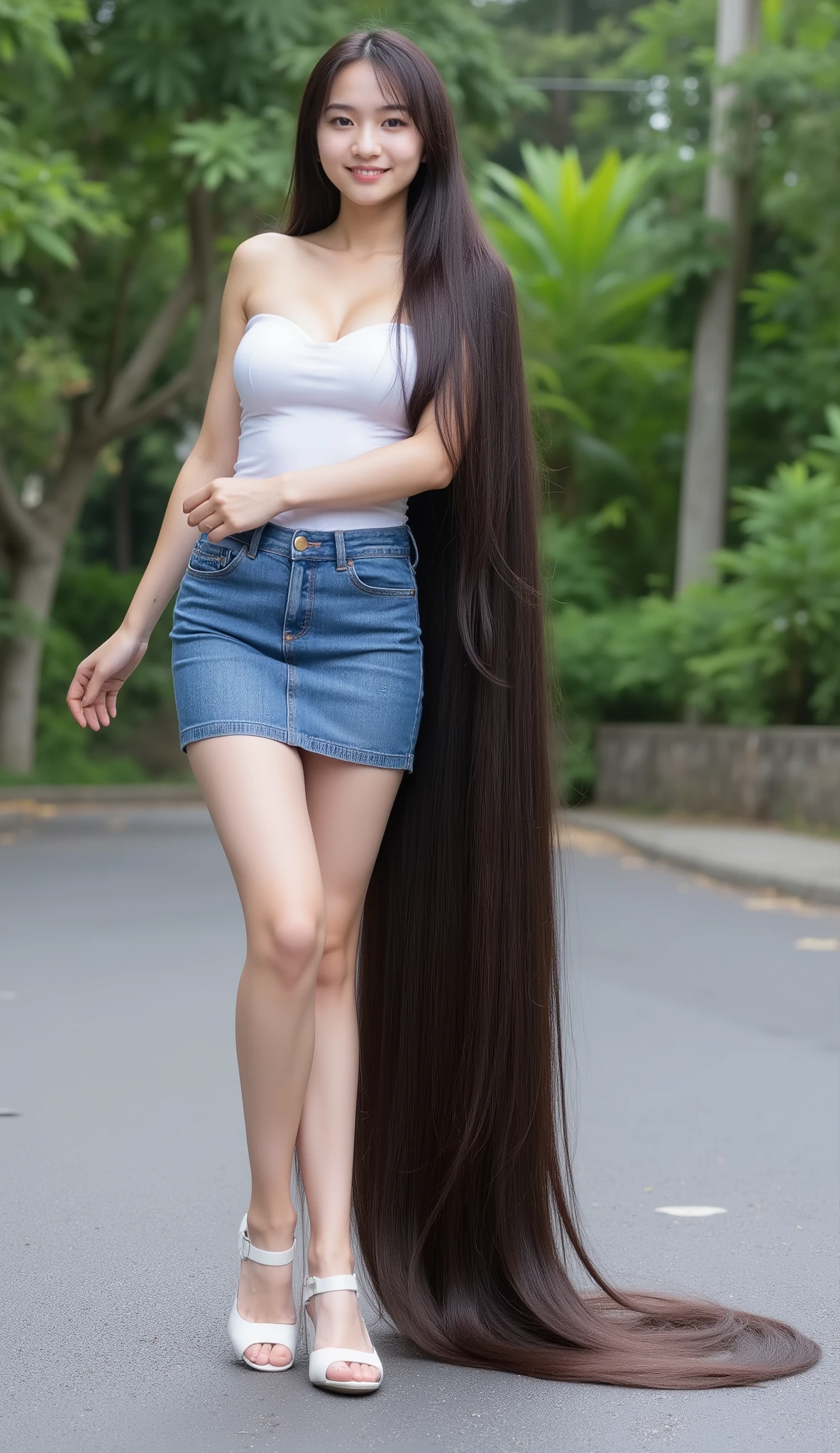 (masterpieces, super detailed, 8k, photorealistic). Very cute and young Vietnamese girl with dimples.she is standing .She wears a sleeveless and strapless white tube dress very tight , fitted tight denim mini skirt and white high heel. She has the longest black hair .She has the longest light black hair up to 32 meters long. She wears a sleeveless white mini dress  , round butt and highest hips . Her longest hair is extremely straight .She has the longest to the toes , Caucasian .Background is the street in the garden. She spread her long, Incredibly soft and long hair from her super super long hair, ((Picture taken from 32 meters away)). ((Negative prompt: bad anatomy, bad hands, bad fingers, missing fingers, extra fingers, fused fingers, mutated hands, extra limbs, malformed limbs, distorted body, blurry, low quality, unrealistic hair, bad eyes, bad teeth,finger deformity, boker effect toes))
