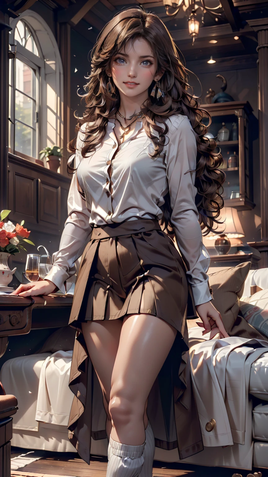 masterpiece, top quality, Photorealistic, ultra detailed, Precise Details, high resolution,  8k Wallpaper, 1 beautiful woman,, light brown disheveled hair, business suits, sharp concentration, perfect dynamic composition, beautiful detailed eyes, detailed hair, exquisite realistic skin texture, smile, close-up portrait,  model body type with exposed chiku 、((very long brown hair:1.2))、(( loose wavy hair :1.2)),((はにかんだsmile:1.3)),((gold necklace＿big earrings that make you laugh:1.2)), full body shot 、(((Full-body supermodel standing,  full body shot ,   show my whole body ))),((White Long Sleeve Button Up Blouse_ with collar_Delete up to the second button＿ brown pleated mini skirt :1.3)),((smileで_is running towards here_ Long Hair Fluttering :1.3))