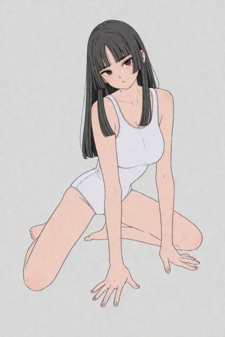 <lora:Mogami:1> MogamiDef, black hair, long hair, blush, bangs, blue eyes, sidelocks, blunt bangs, looking at viewer, simple background, solo, 1girl, white background, leggings, smile, (camisole:1.2), black camisole, collarbone, covered, bare shoulders, cleavage, open mouth, cowboy shot, cutoffs, standing split, standing on one leg, <lora:standing_split:1>