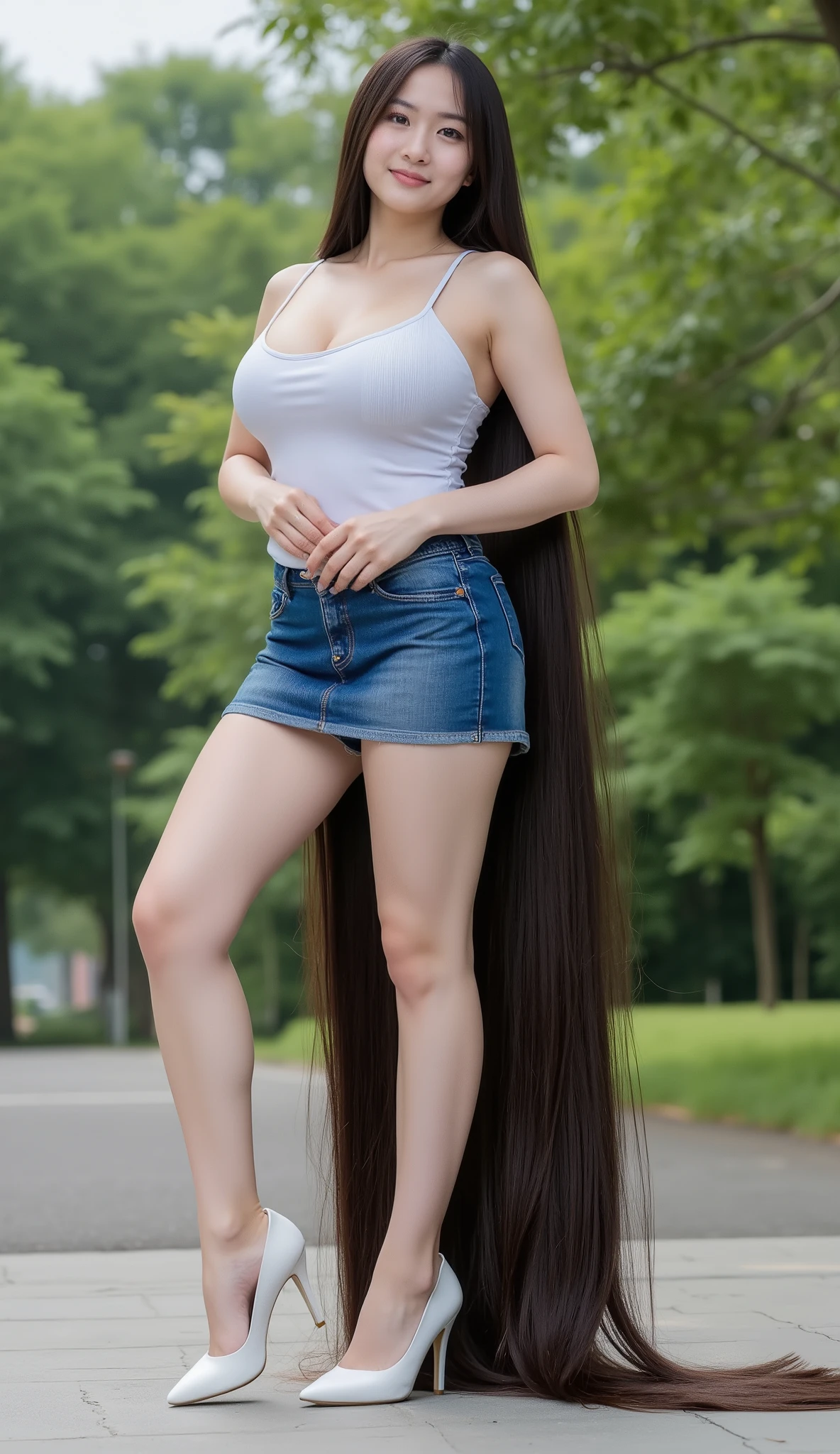 (masterpieces, super detailed, 8k, photorealistic). Very cute and young Vietnamese girl with dimples.she is standing .She wears a sleeveless and strapless white tube dress very tight , fitted tight denim mini skirt and white high heel. Cô ấy dài nhất đến toes .She has the longest light black hair up to 32 meters long. She wears a sleeveless white mini dress , round butt and highest hips . Her longest hair is extremely straight .She has the longest to the toes , Caucasian .Background is the street in the garden. She spread her long, Incredibly soft and long hair from her super super long hair, ((Picture taken from 32 meters away)). ((Negative prompt: bad anatomy, bad hands, bad fingers, missing fingers, extra fingers, fused fingers, mutated hands, extra limbs, malformed limbs, distorted body, blurry, low quality, unrealistic hair, bad eyes, bad teeth,finger deformity, toes , boker effect))
