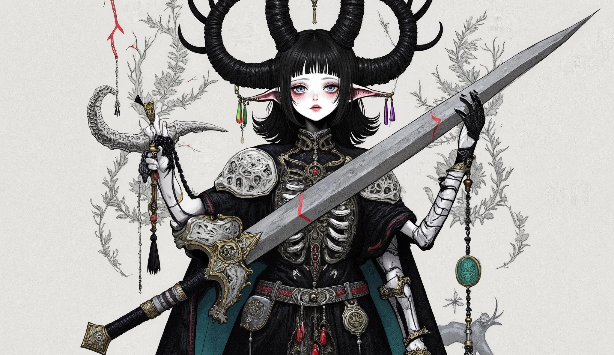 nipple,Harry Clarke's style,in the style of David Simms,
fullbody , front view,( dynamic pose:1.6),(Shoulder-carrying sword:3.8)
1 Girl,( Bone Prong Armor :1.2), ( Grey Skull Shoulderplate:1.2), (Skull belt:1.2), (The phalanx chest is covered:1.3), ( Bone Arm Guard , Asymmetric Arm Guard :1.2), Vertebral Longsword , monochrome, grey background, 1 , (clear focus, blurry outlook, blurry background:1.6)( dynamic pose:1.8)