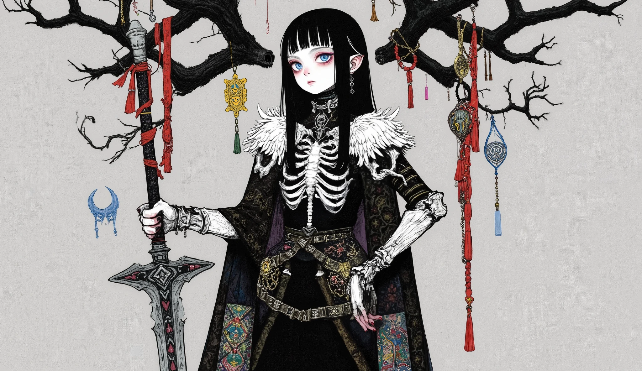 nipple,Harry Clarke's style,in the style of David Simms,
fullbody , front view,( dynamic pose:1.6),(Shoulder-carrying sword:3.8)
1 Girl,( Bone Prong Armor :1.2), ( Grey Skull Shoulderplate:1.2), (Skull belt:1.2), (The phalanx chest is covered:1.3), ( Bone Arm Guard , Asymmetric Arm Guard :1.2), Vertebral Longsword , monochrome, grey background, 1 , (clear focus, blurry outlook, blurry background:1.6)( dynamic pose:1.8)