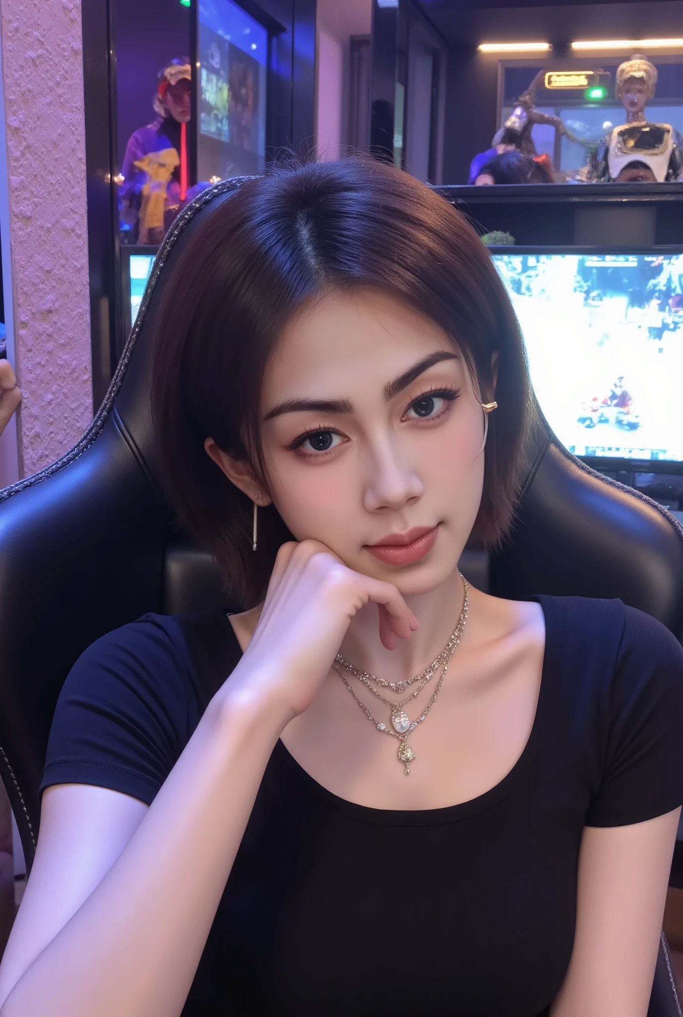 A photorealistic image of a Indonesian Javanese glasses woman taking a selfie while resting her chin on her perfect hand (auto correct detail fingers) . She is wearing gaming headphones and sitting comfortably in a stylish gaming chair, gold thin round frame glasses, huge breast , large cleavage visible on her tight t-shirt , surrounded by a vibrant gaming setup that includes colorful LED lights and a computer screen in the background. The focus is on her facial expression, showcasing her personality and the gaming atmosphere around her. (short hair , glasses , necklaces)