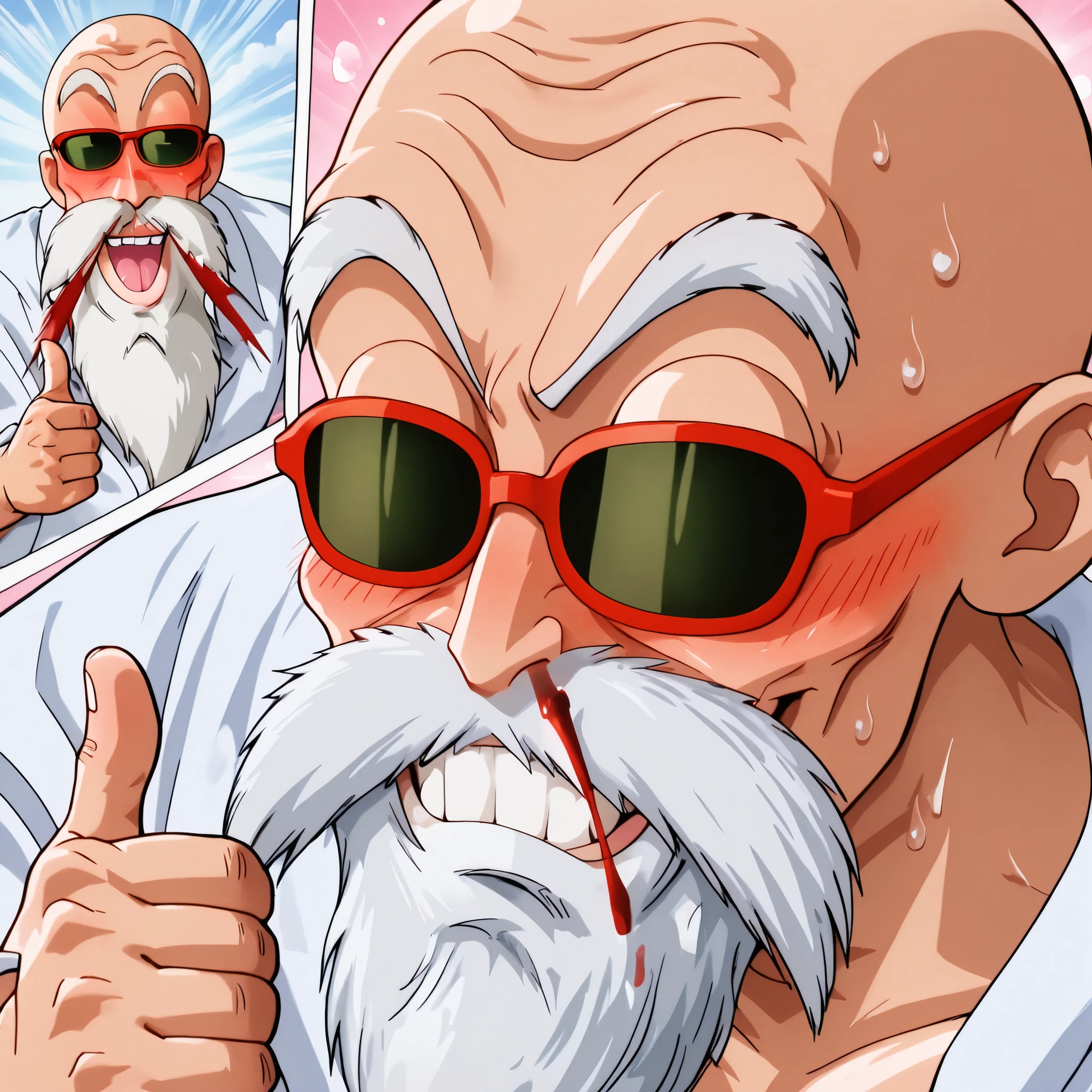 ,ExpressiveH, 1boy , solo, solo focus, highly detailed face, 1boy, solo, only one man, master roshi, roshiill, old man, beard, sunglasses, blushed face, bald , (obra maestra, altamente detallado, la mejor calidad, 8k), big eyes, innocent look, cute, steamy air. ,cartoon style, anime style , highly detailed , newest,) . nosebleed, absurd, anime nosebleed, intense blush, blushed face, eyes wide open, surprised, close-up face, hyper detailed face, ExcessiveAnimeNosebleed-ILV1.0, nose bleed, bleed, excessive nose bleed, blood, nosebleed, thumbs up, funny smile, comic, covering her nose with one hand